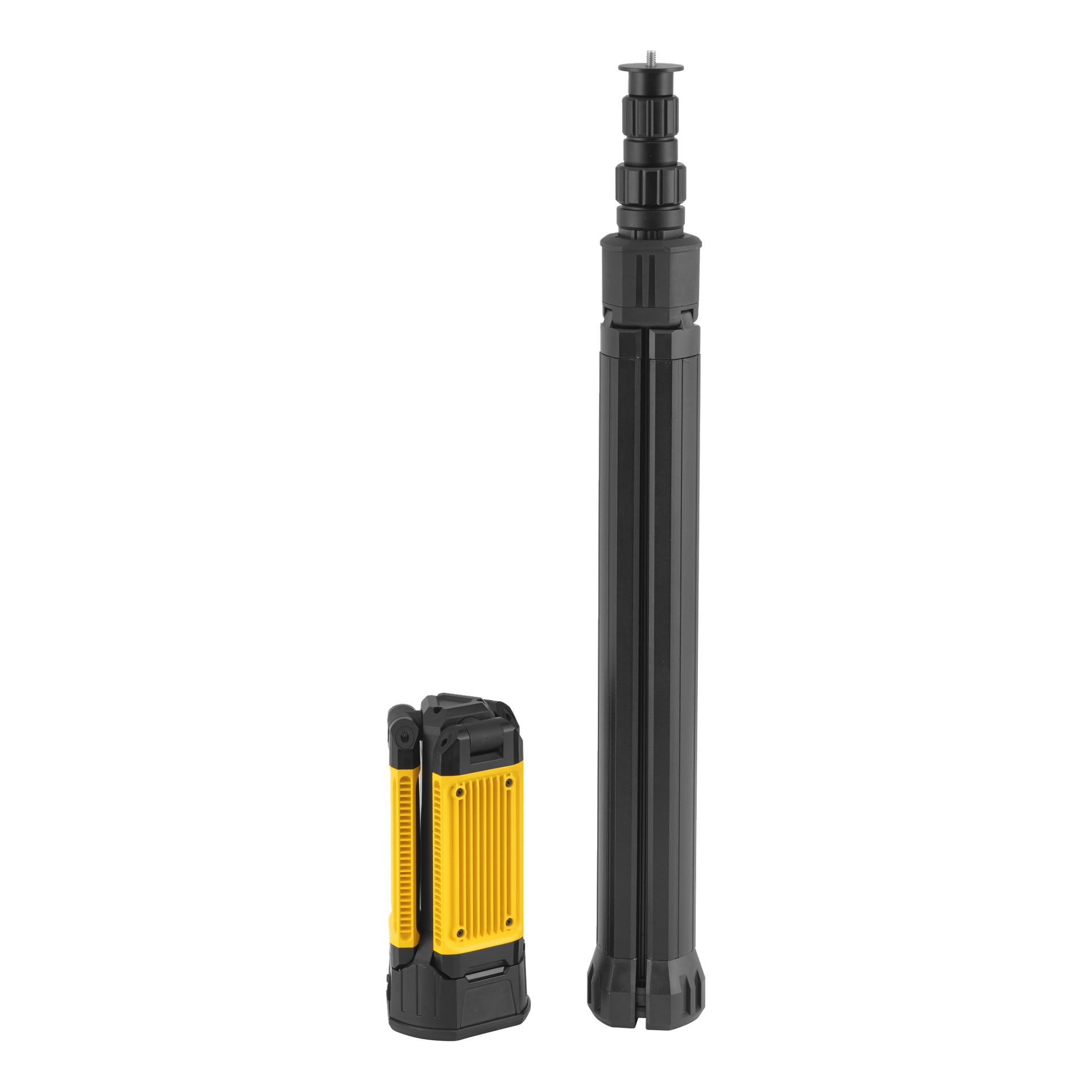 En sammenlagt Anslut Rechargeable LED-arbeidslampe med gult og svart deksel står ved siden av et svart teleskopstativ.