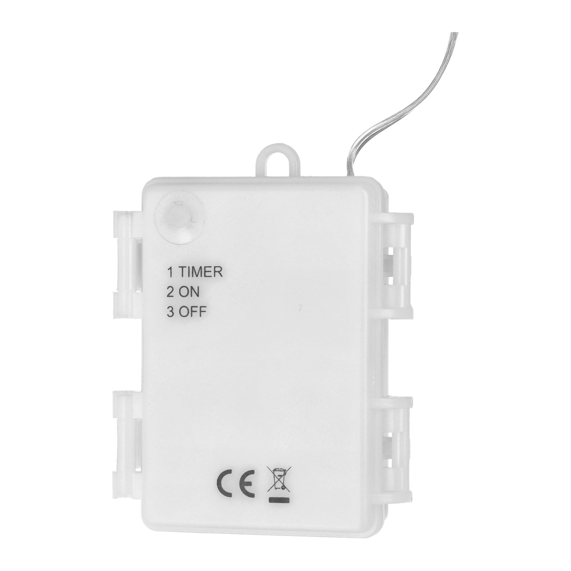 Urządzenie LED z lampami fajerwerków zasilane bateriami zasilane bateriami wyświetla ustawienia oznaczone jako "1 TIMER", "2 ON" i "3 OFF". Posiada oznaczenia certyfikacyjne, mały przycisk, przewód oraz boczne plastikowe uchwyty montażowe.