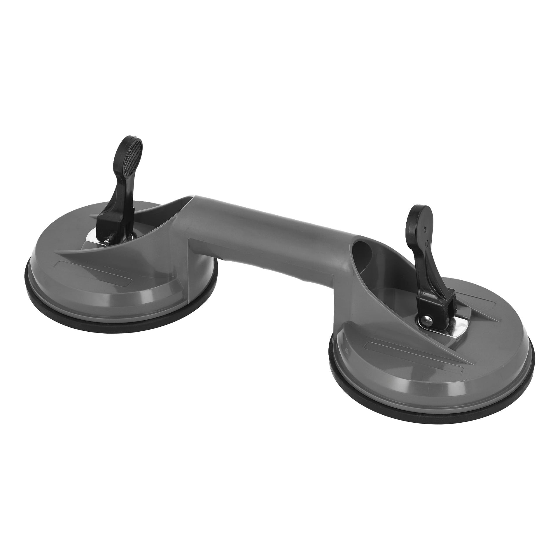 Hard Head Dubbelsugkoppar med svarta handtag och grå dynor, idealiska för att lyfta släta ytor som glas eller kakel.