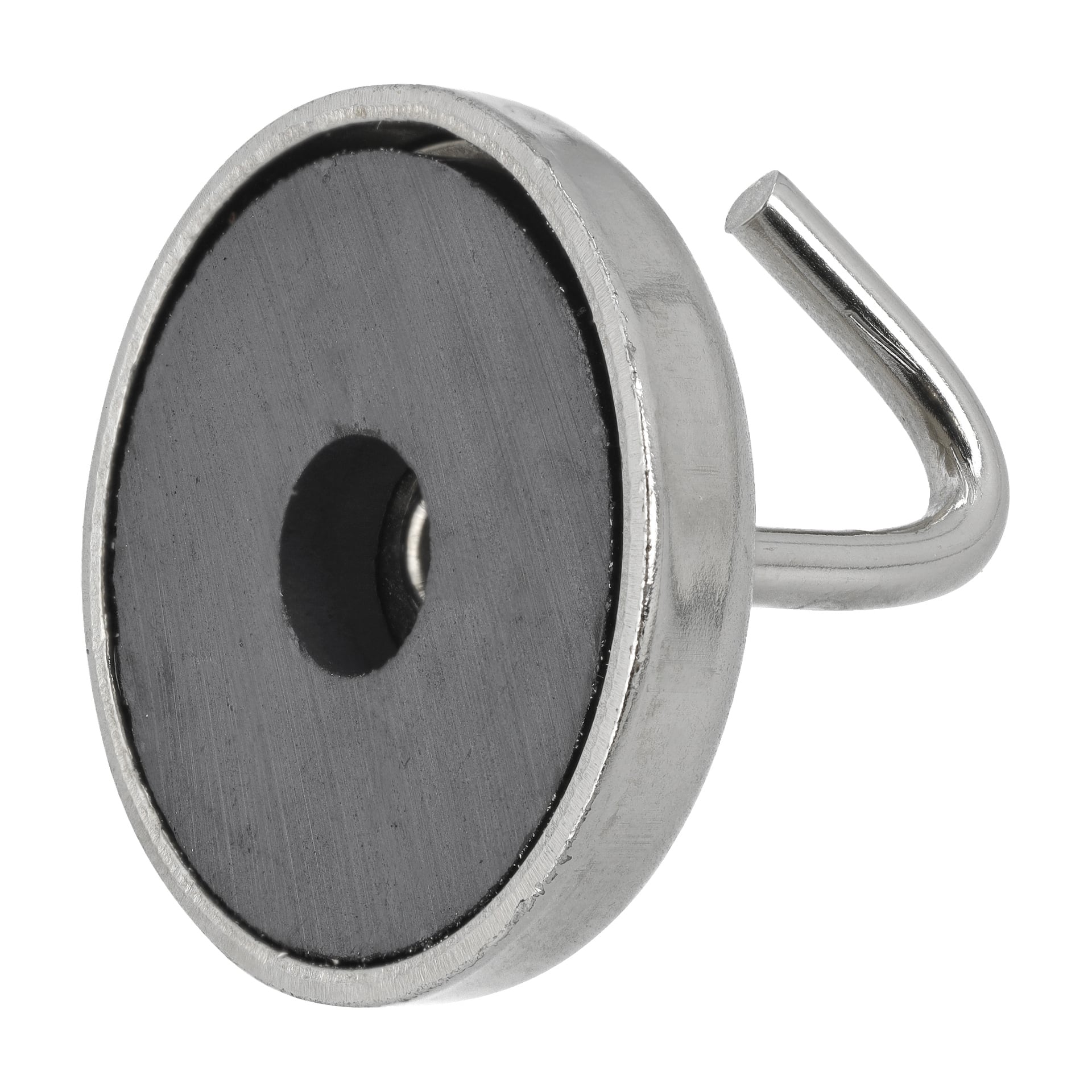 Ett set med fem Hard Head magnetiska krokar, var och en med en rund metallmagnet, svart mitt och en liten sidokrok för att hänga föremål.