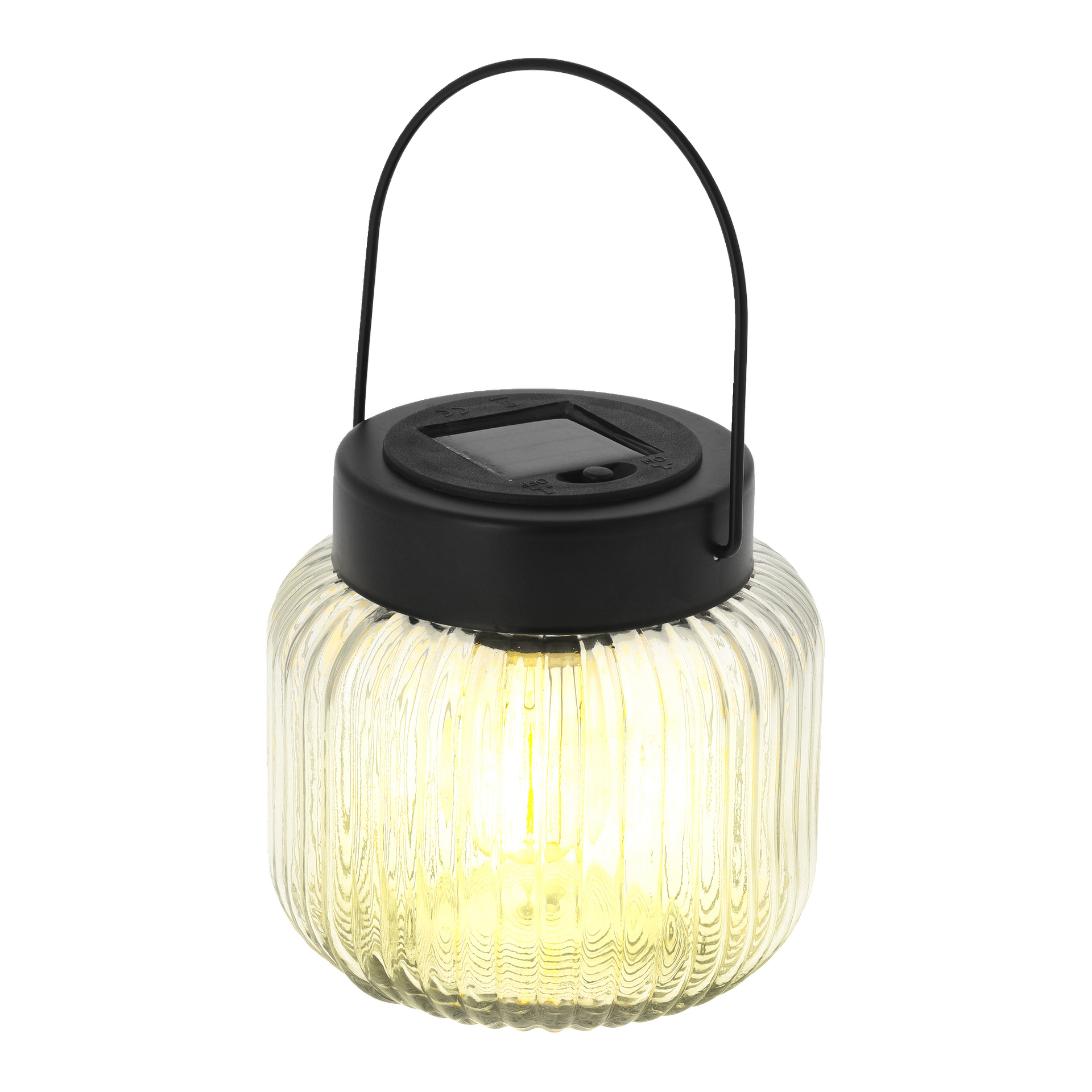 Anslut LED sollykt med ribbet glass, svart solcellepanellokk, buet håndtak og et varmt gult lys.