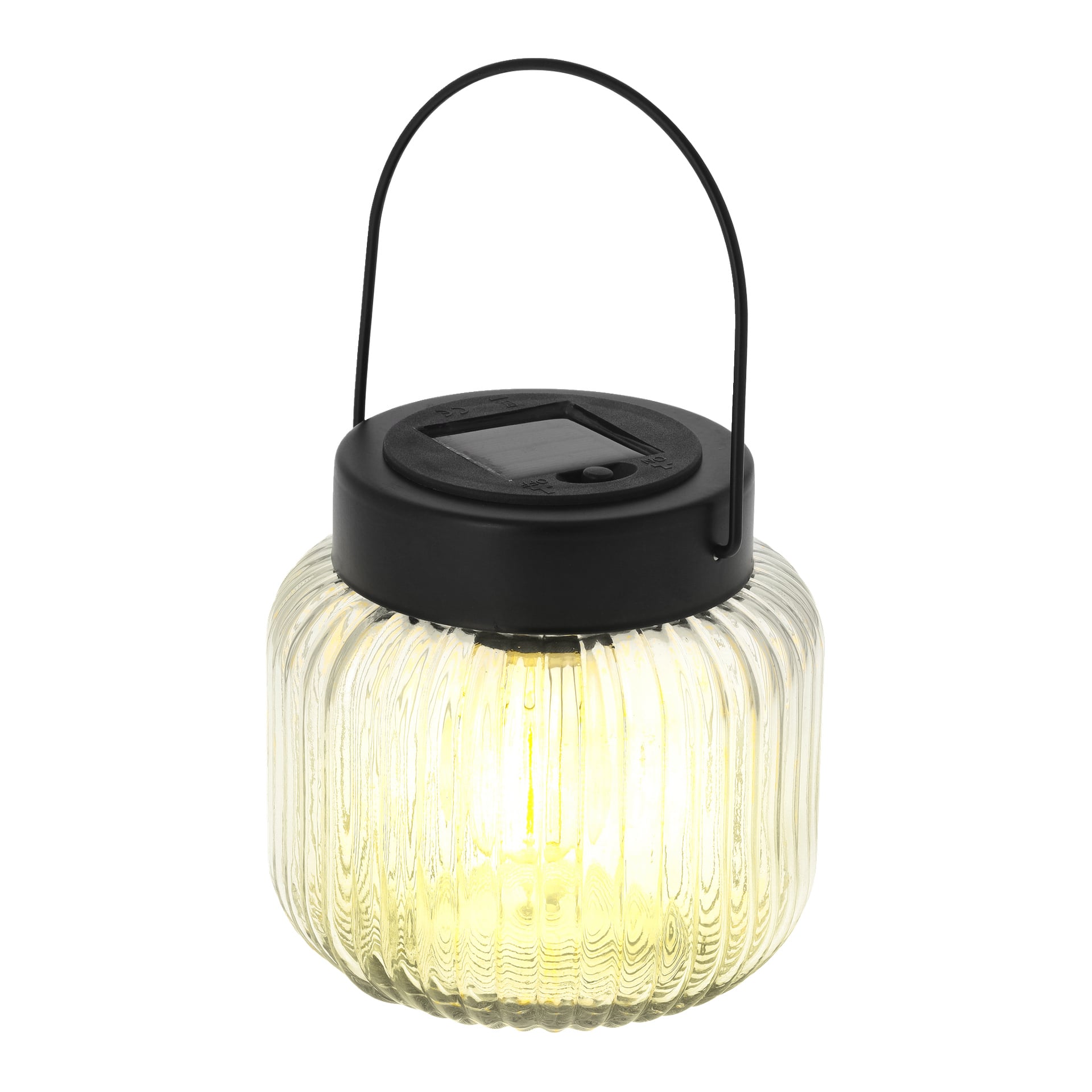 Anslut LED sollykt med ribbet glass, svart solcellepanellokk, buet håndtak og et varmt gult lys.