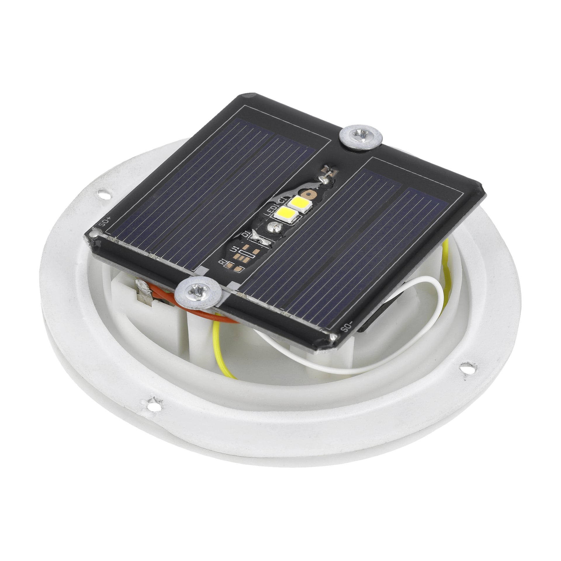 Anslut oppladbar bordlampe med solcelle-LED, rund base, rektangulært solcellepanel, eksponert ledning, sentrale LED-lys, skruemontering.