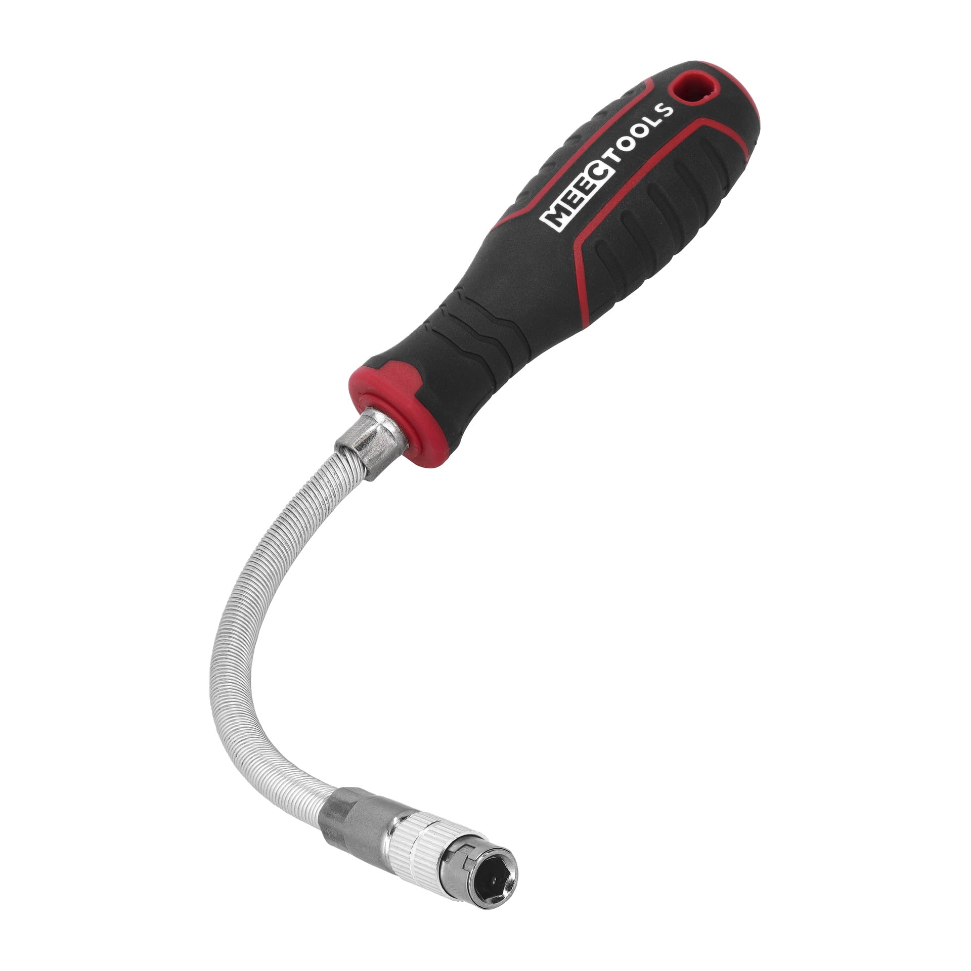 En Meec Tools slangeskrutrekker med et svart og rødt gummihåndtak og en fleksibel sølvaksel som endte i en sekskantsokkel.