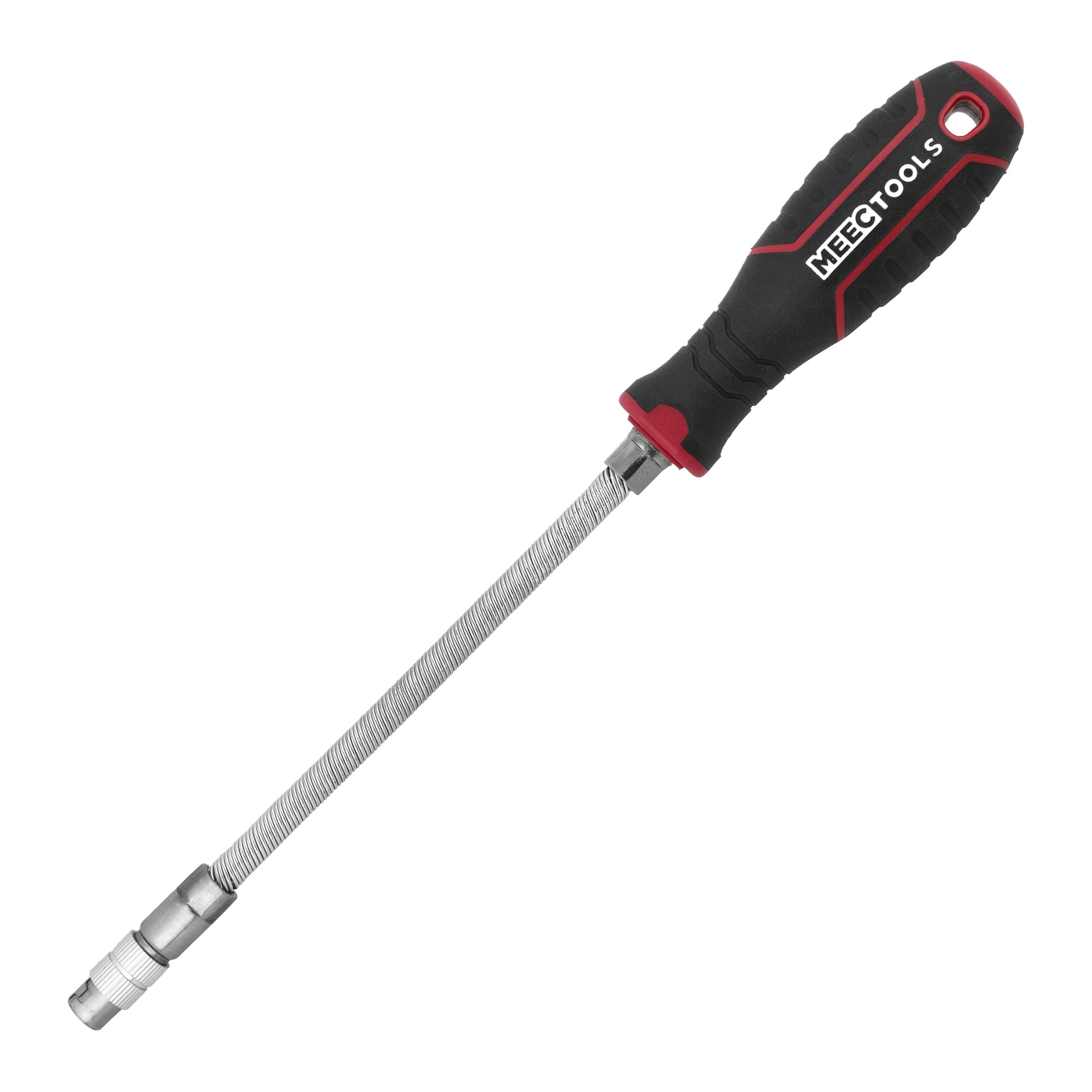 Meec Tools slangeskrutrekker med svart og rødt håndtak, fleksibel metallaksel og magnetisk spiss for å hente metallgjenstander.