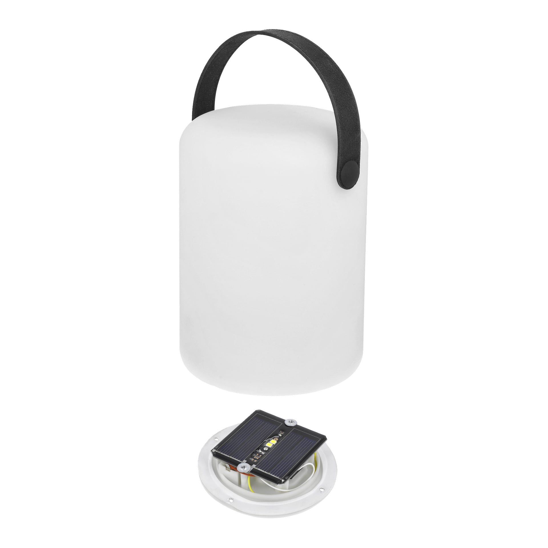 Anslut oppladbar bordlampe med solcelle-LED, hvit sylinderkropp, svart håndtak og en rund avtakbar base for solcelle- og LED-komponenter.