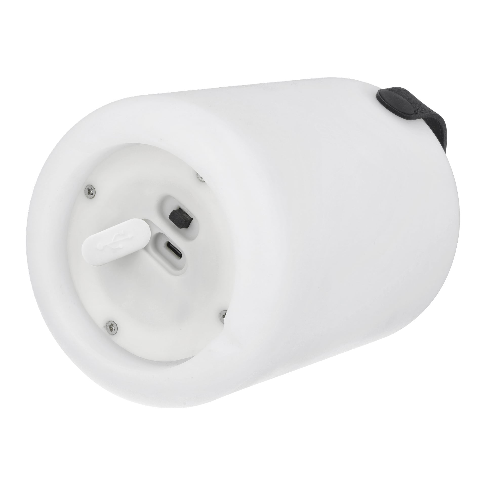 Nærbilde av Anslut Rechargeable bordlampebase viser en USB-port, micro USB-port, liten bryter og tre skruer.