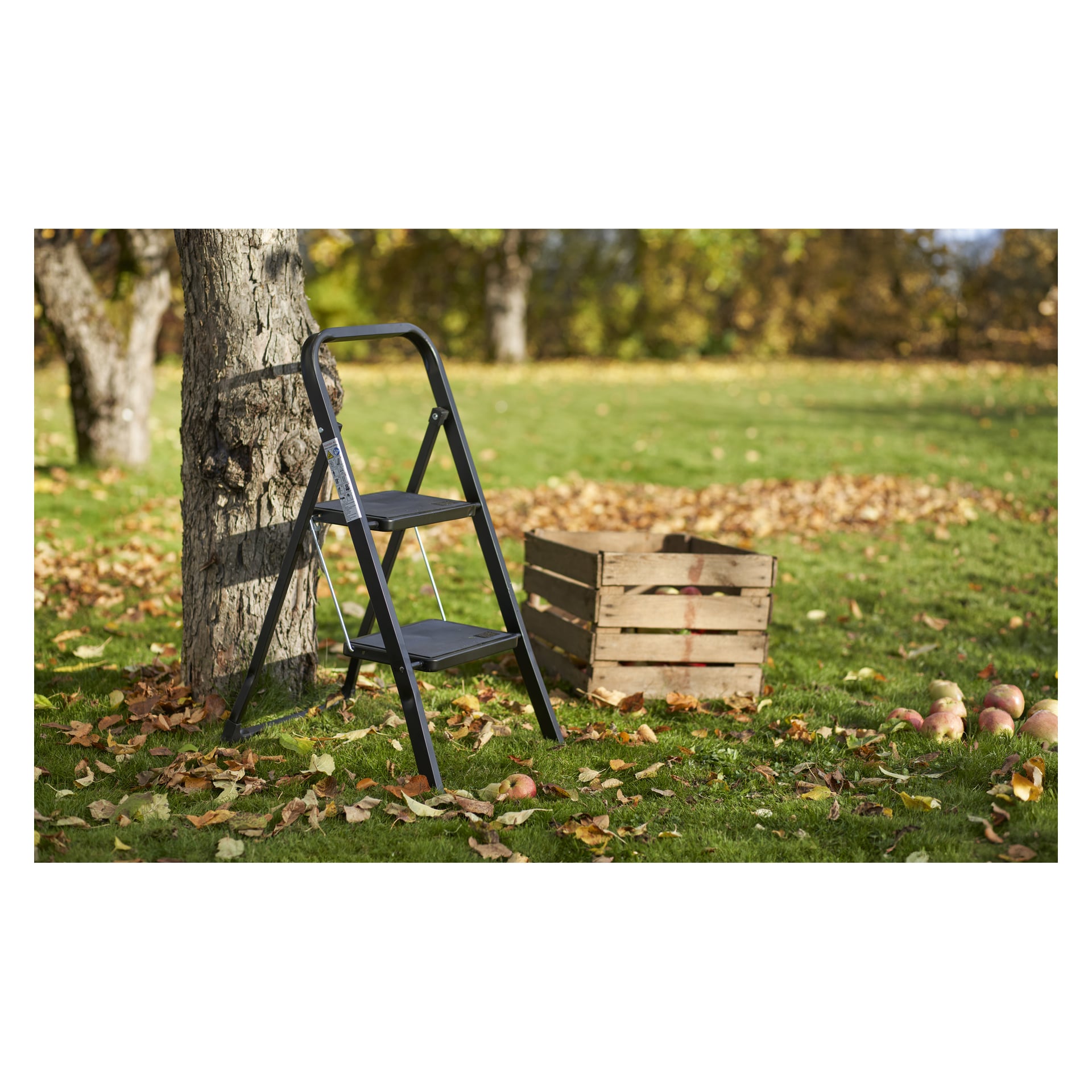 Ein schwarzer, zusammenklappbarer Metallhocker lehnt an einem Baum zwischen gefallenen Blättern, mit einer Holzkiste und Äpfeln in der Nähe in einer herbstlichen Landschaft.
