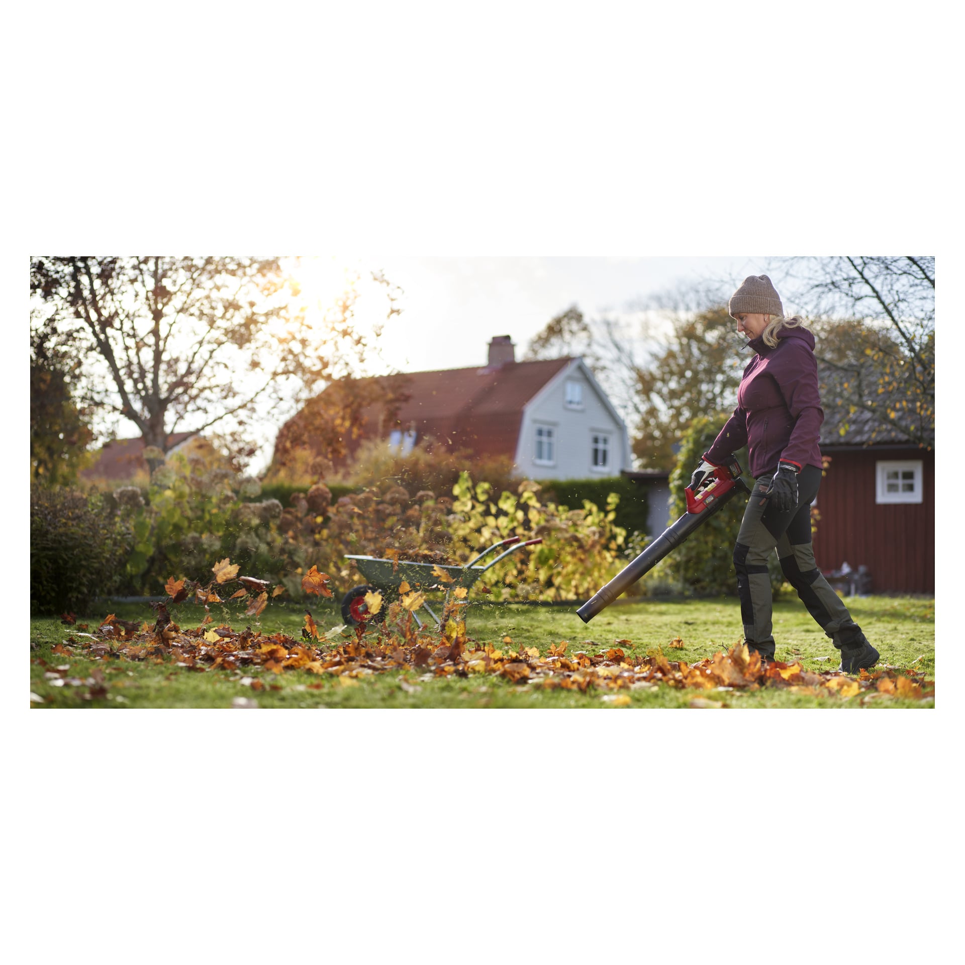 En person röjer löv i en hög nära en skottkärra med hjälp av en Meec Tools LB-18V fläkt i en gräsbevuxen trädgård med höstträd och ett hus.
