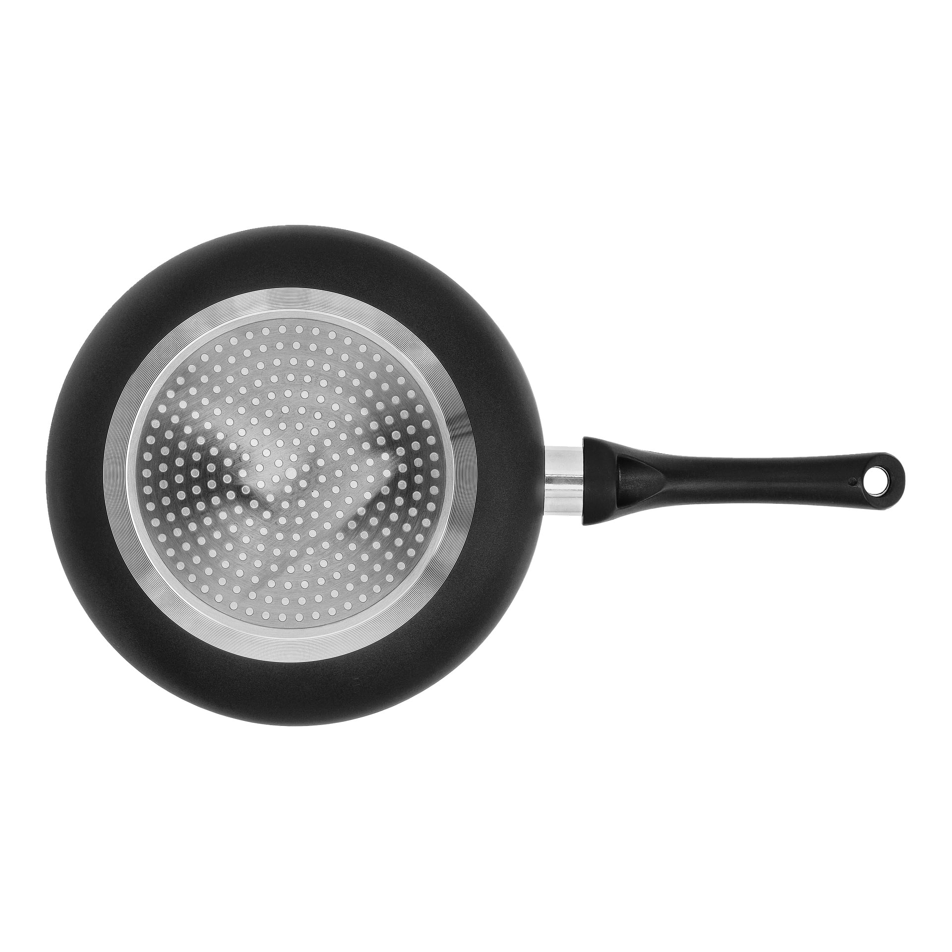 Den keramiska sautépannan med lock från Menuett visas från botten, med ett svart handtag och en metallisk cirkulär botten med ett prickigt mönster.