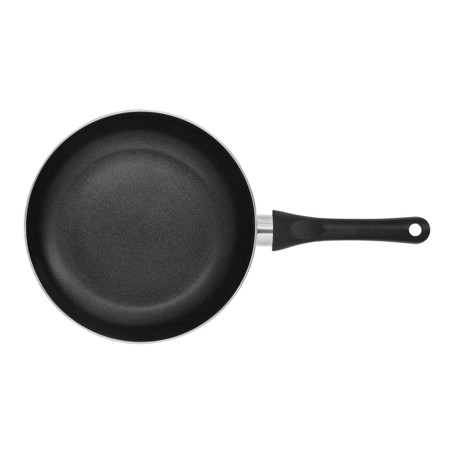 En "Menuett Ceramic" sautépanna med lock, svart nonstick-yta, metallbotten och svart handtag med hänghål visas ren och tom uppifrån.