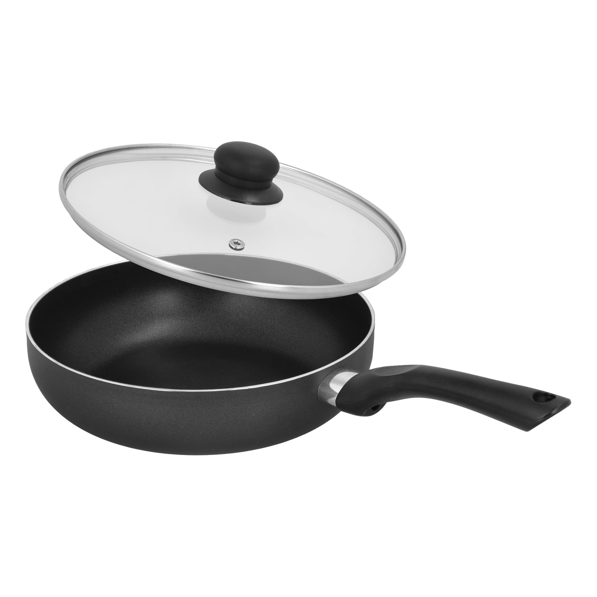 En Menuett keramisk sautépanna med glaslocket lite öppet, vilket visar den fläckfria nonstickytan och det svarta handtaget.