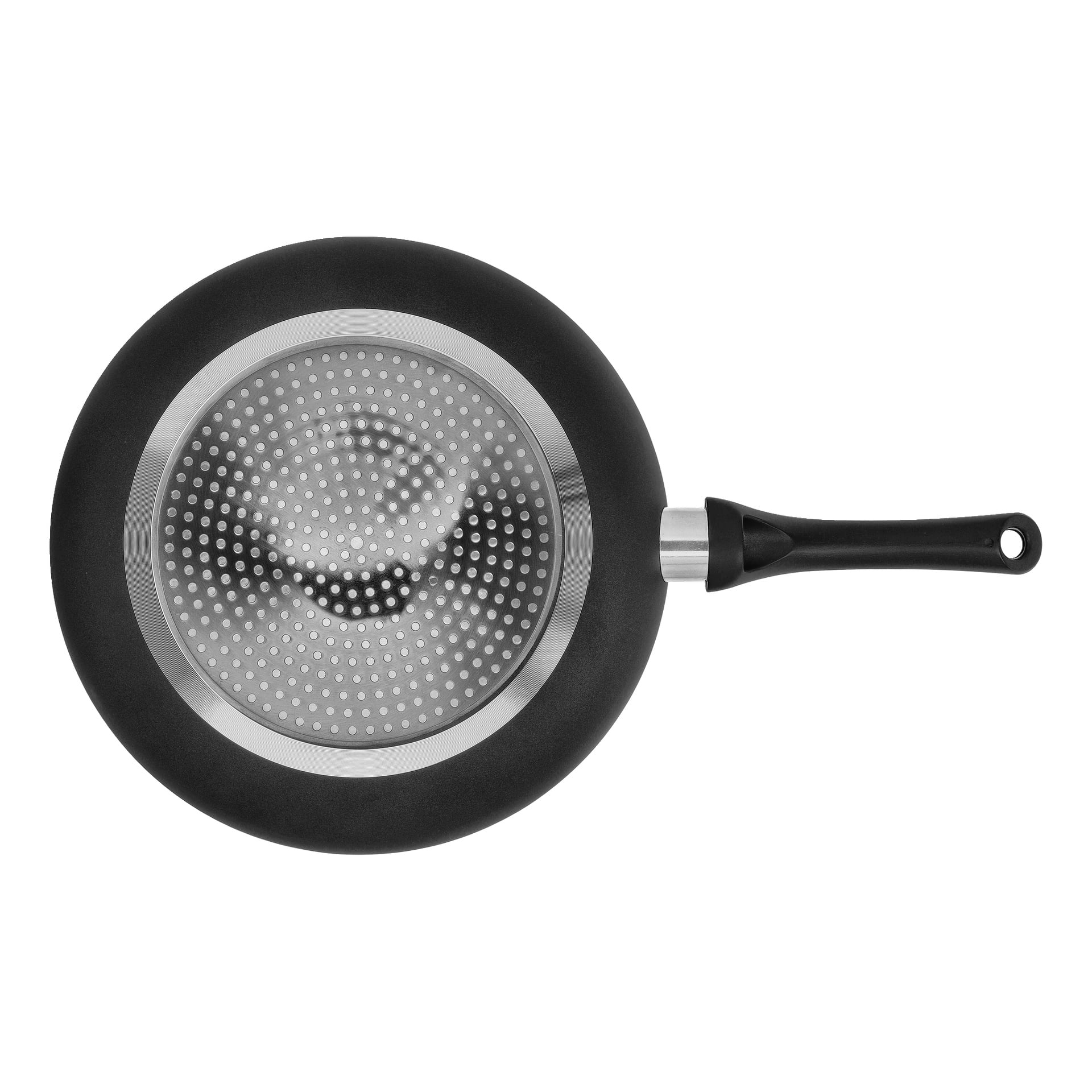 Ylänäkymä Menuett Ceramic -paistinpannulla, jossa on musta kahva ja metallinen pohja, jossa on pyöreä, teksturoitu pistekuvio.