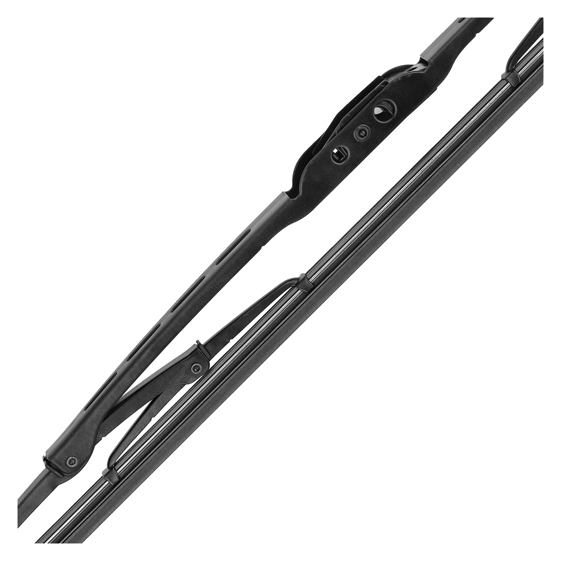 Närbild på två svarta Hamron Wiper-bladenheter placerade diagonalt, som visar deras metallramar, gångjärn och anslutningsfogar.