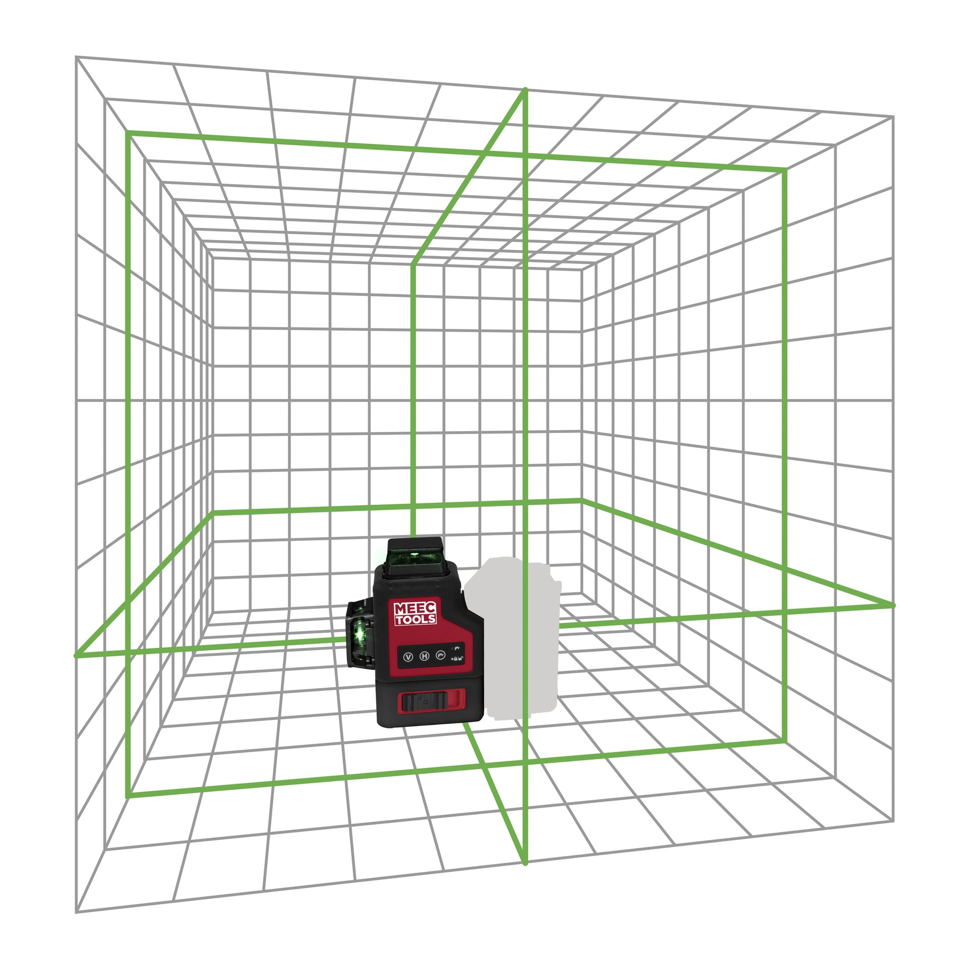 Meec Tools Multiseries Crosshair-laser LZ-18V WORK 700 sender ut grønne horisontale og vertikale linjer i et gjennomsiktig 3D-rutenett.