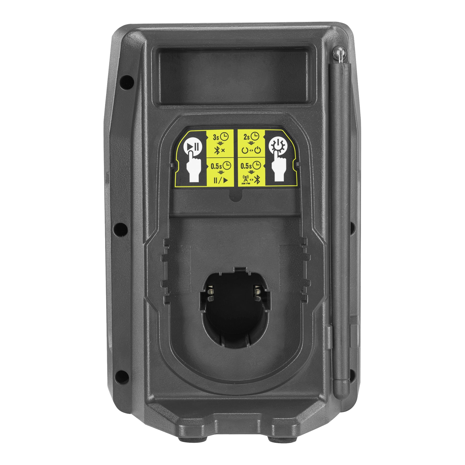 Svart rektangulär Ryobi One+ Bluetooth-högtalarradio (modell RRDAB18-0) med LED-ikoner och knappdiagram på en gul-svart etikett.