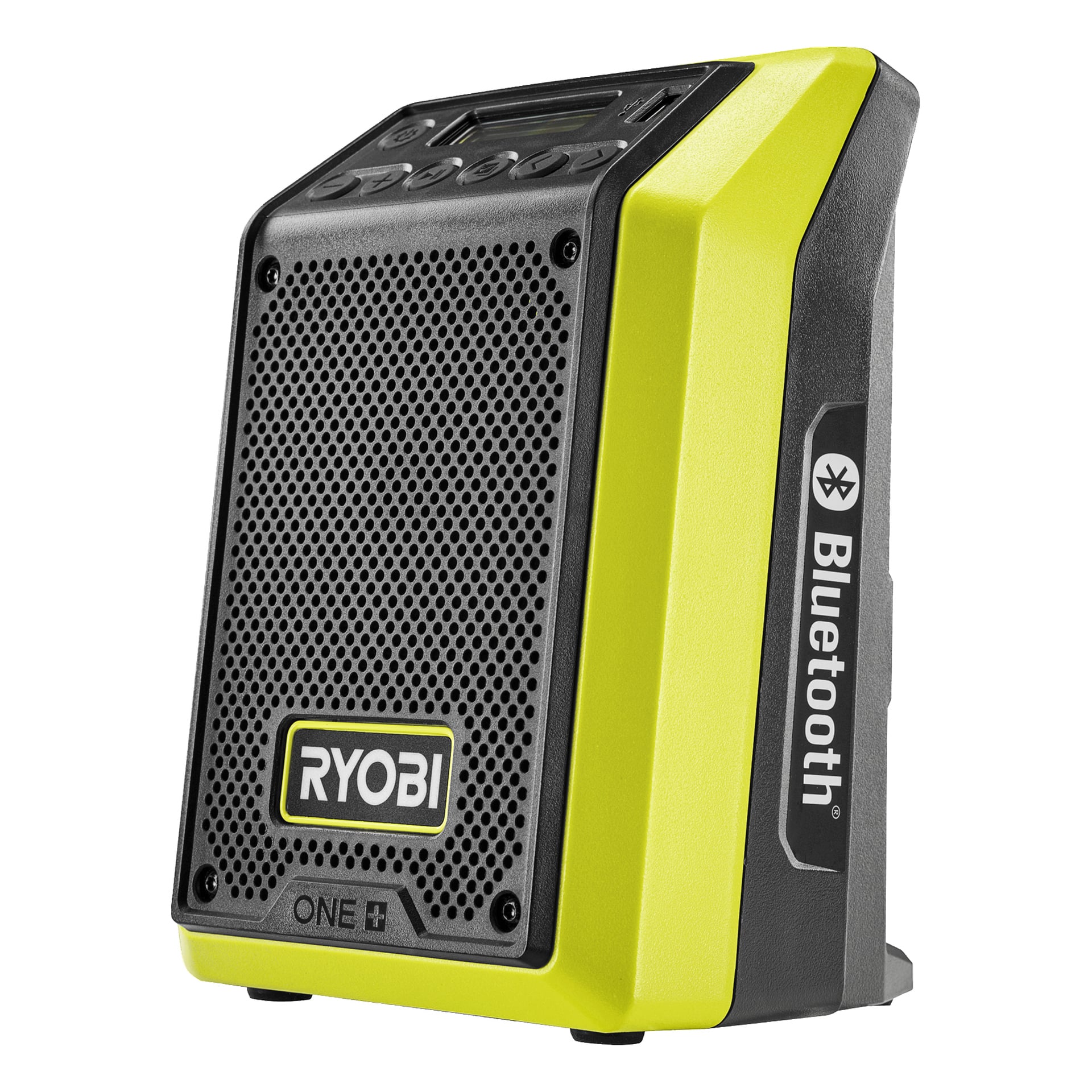 Ryobi One+ Bluetooth-radiohögtalare RRDAB18-0 med svart grill, gul-svart kaross, toppknappar, Bluetooth och ONE+ sidologotyper.