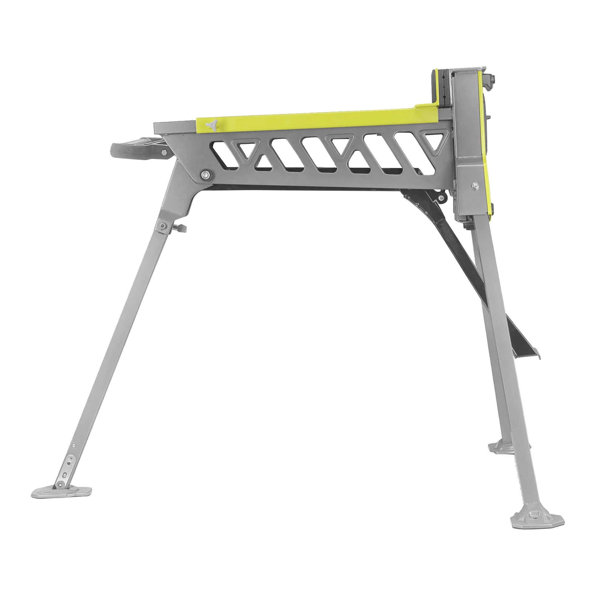 Ryobi One+ RSTSJ150 hopfällbar metallarbetsbänk har en gul toppkant, vinklade ben för stabilitet och sidotriangulära utskärningar.