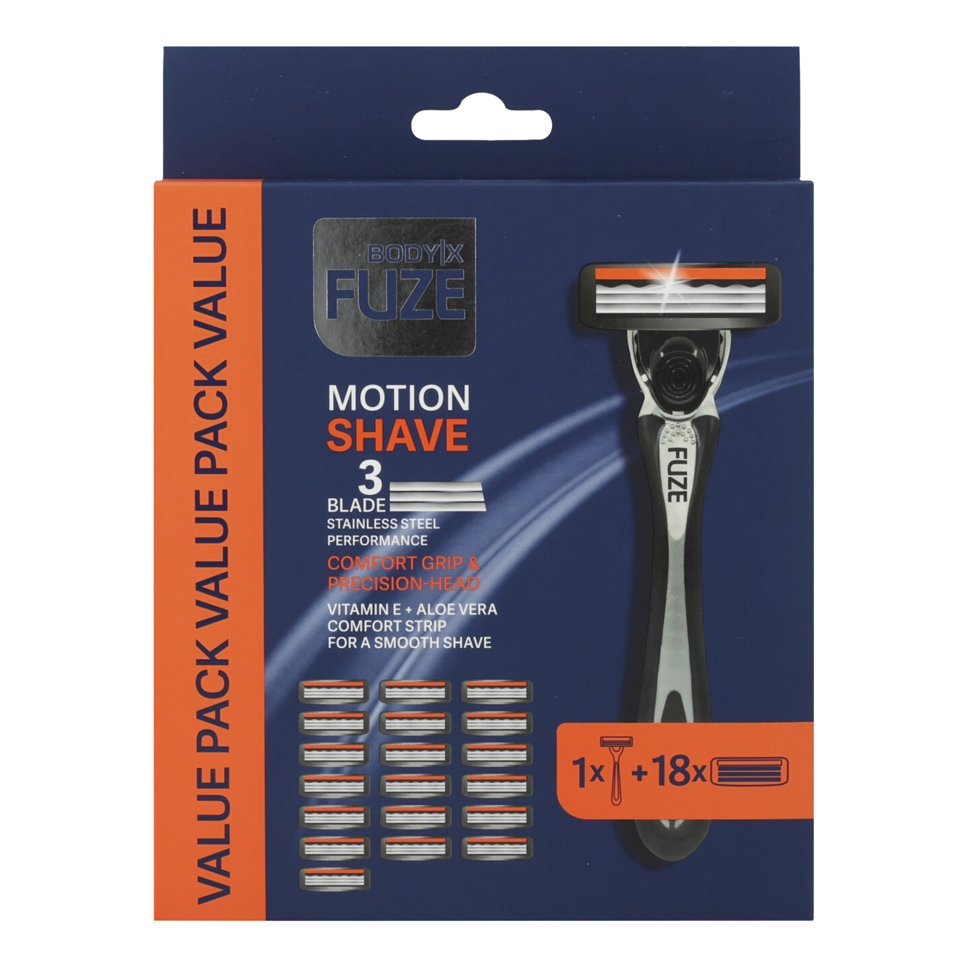 Maszynka do golenia Body-X Fuze Precision PLUS z ergonomiczną rączką i osiemnastoma wkładkami zamiennymi w pudełku oznaczonym MOTION SHAVE, wyposażona w trzy ostrza ze stali nierdzewnej, komfortowy chwyt oraz pasek nawilżający z witaminą E i aloesem.