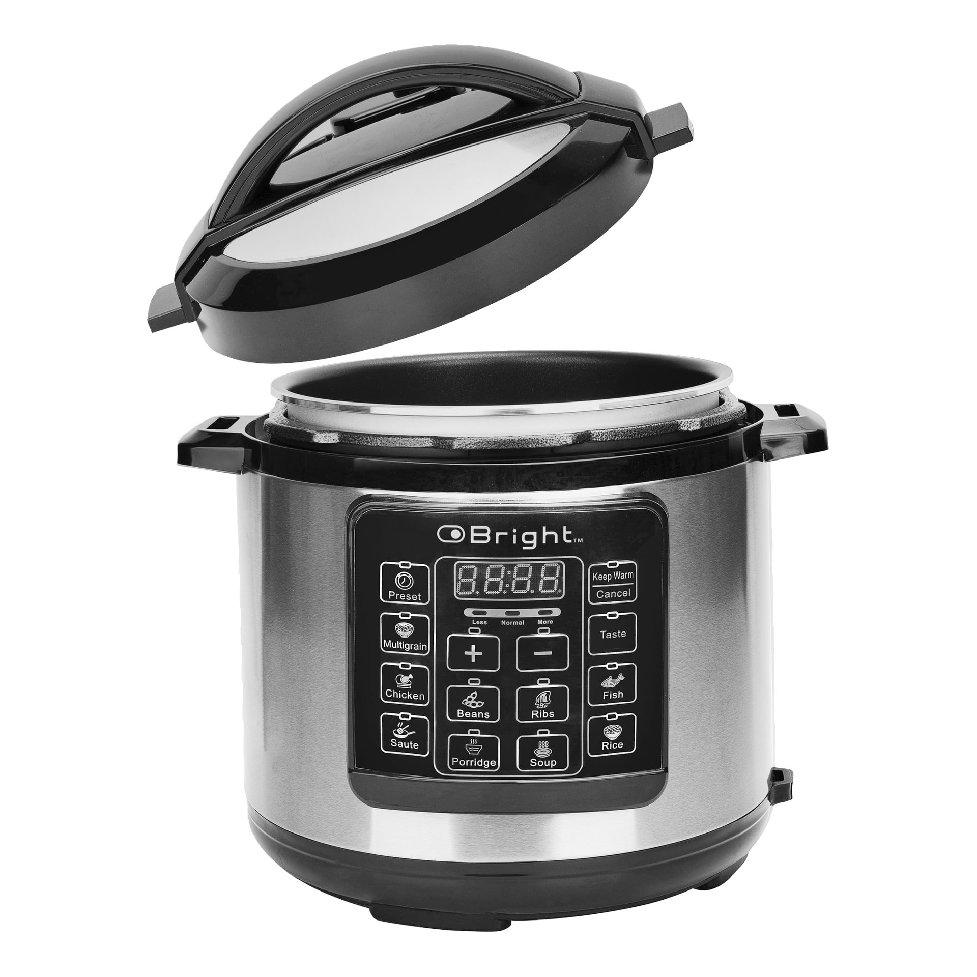 En Bright Multicooker i rustfritt stål med svart åpent lokk viser et digitalt panel og knapper for ris, suppe, kylling og mer.