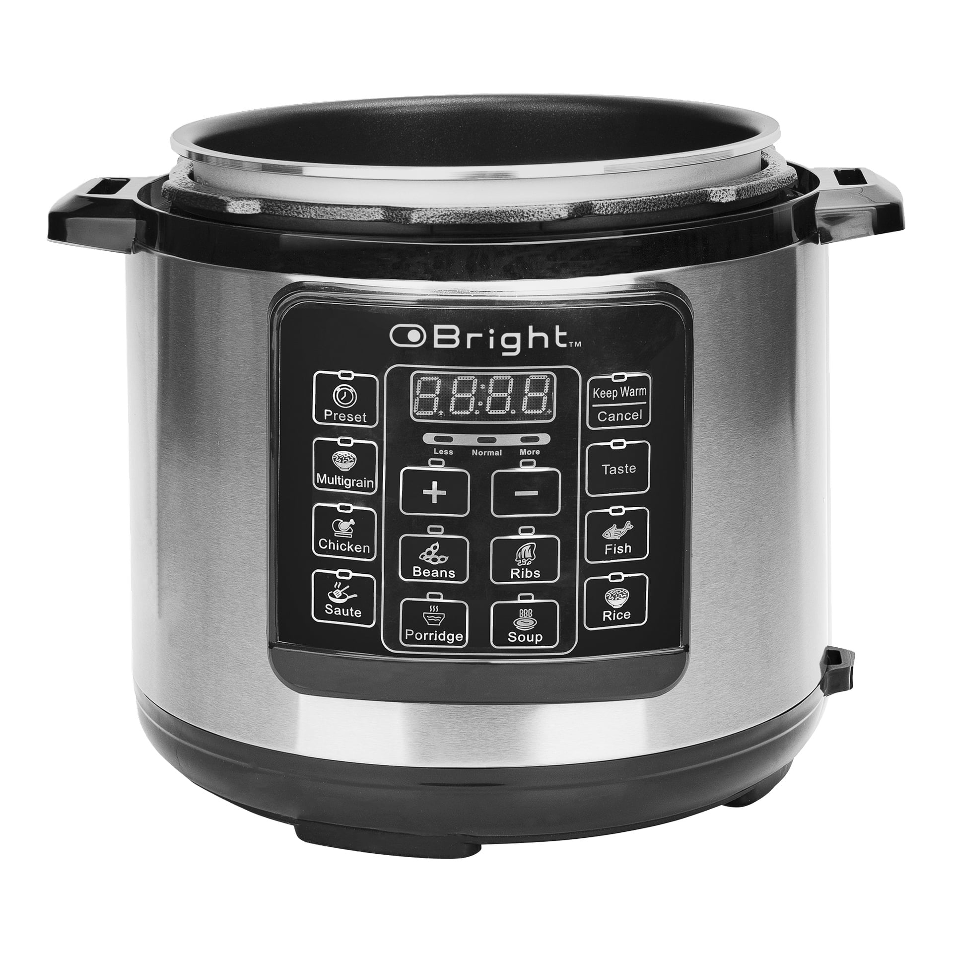 Bright Multicooker har en rustfri stålkropp, digitale kontroller og forhåndsinnstilte moduser for ulike retter som kylling og ris.