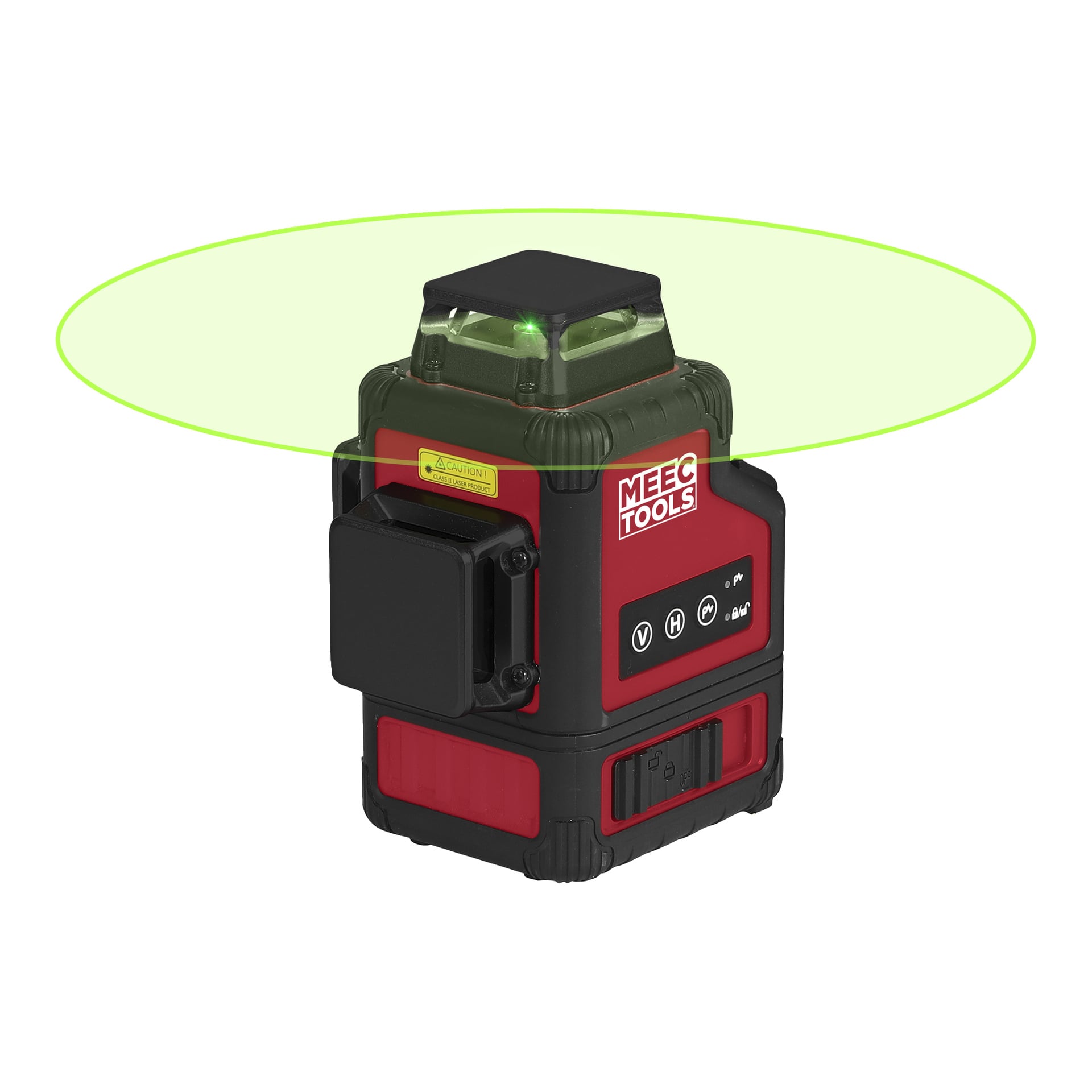 Meec Tools Multiseries Crosshair Laser Laser Green LZ-18V WORK 700 sender ut en 360° grønn laserlinje, med kontrollknapper og indikatorlys foran.
