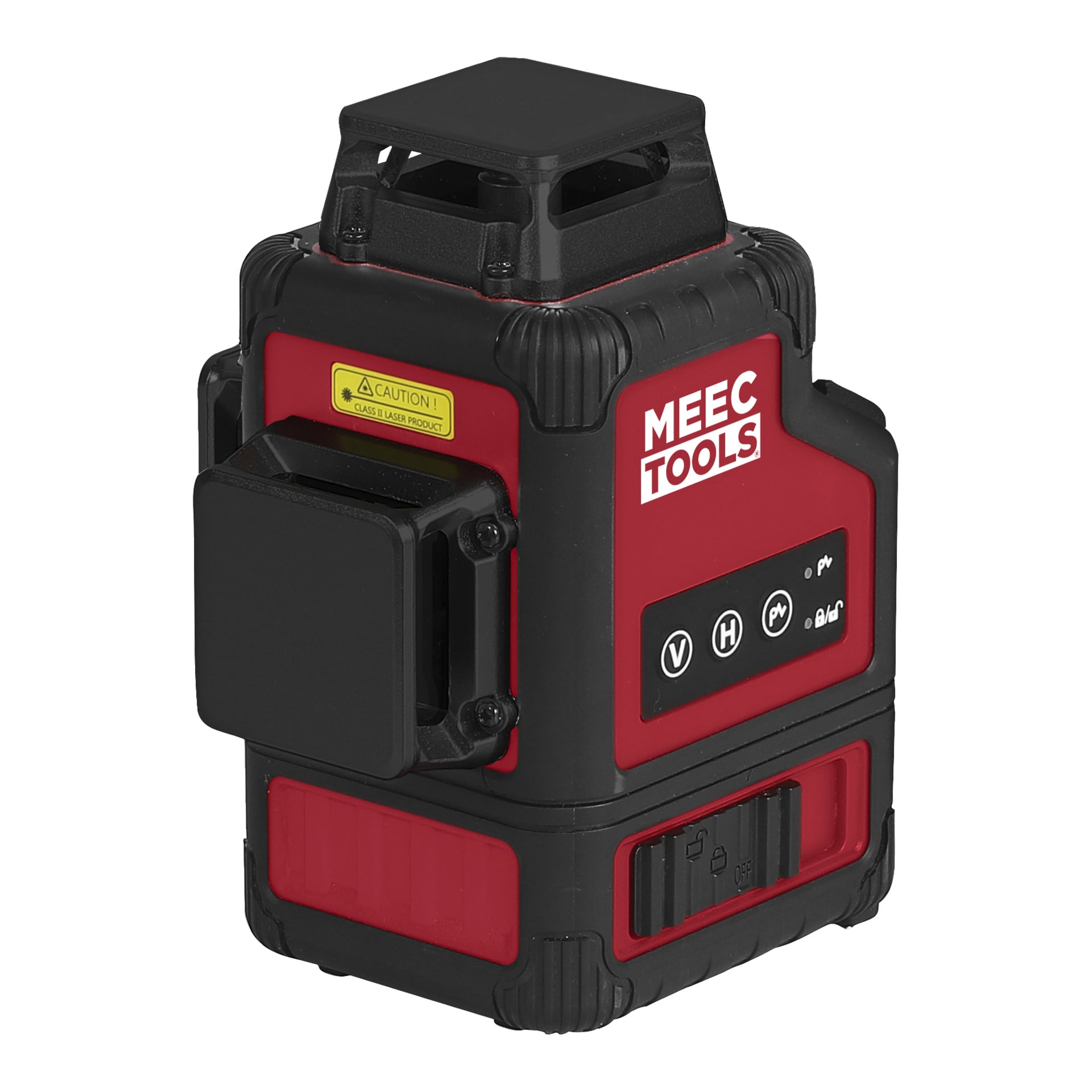 En rektangulær Meec Tools Multiseries Crosshair laser LZ-18V WORK 700 med forsterkede hjørner, flere knapper og en advarselsetikett.