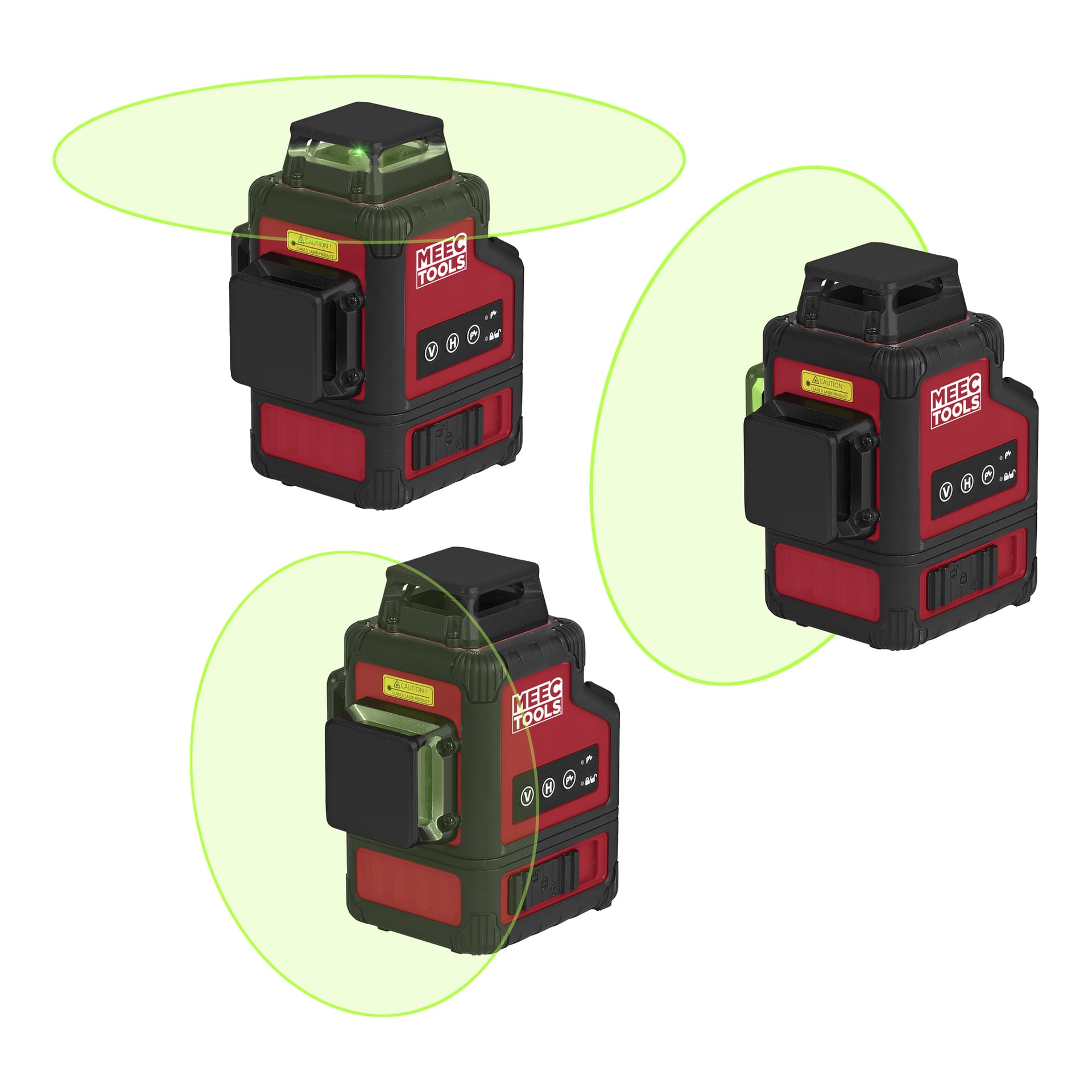 Tre Meec Tools Crosshair Laser Green LZ-18V WORK 700-enheter sender ut grønne laserlinjer i forskjellige retninger for å vise dekningsområdet.