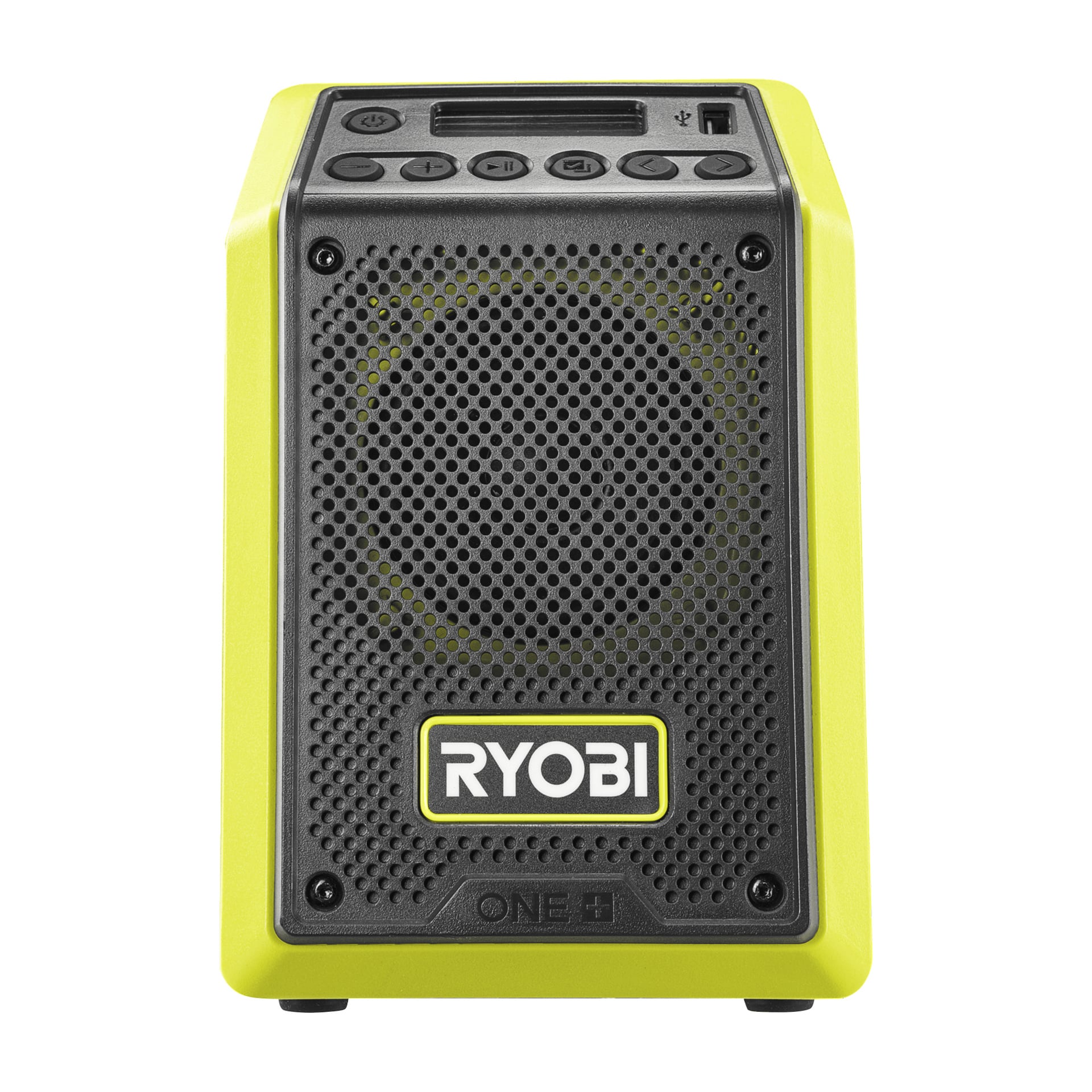 Ryobi One+ Bluetooth-högtalarradio RRDAB18-0 har svart grill, Ryobi-märkning, toppknappar och ett gulgrönt chassi.