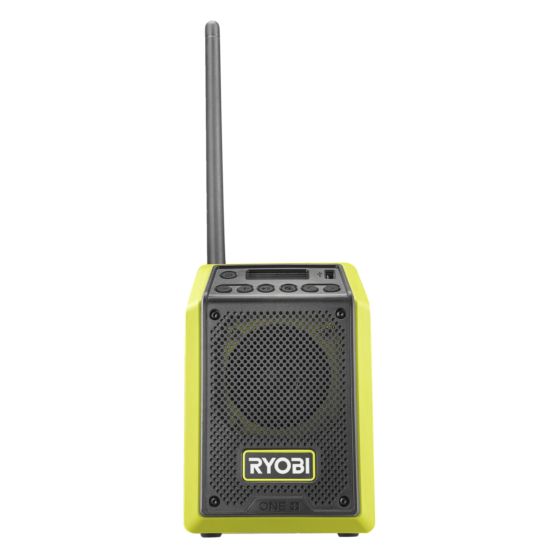 Ryobi One+ Bluetooth-högtalare RRDAB18-0 i gulgrönt, med svart grill, antenn, toppknappar och Ryobi-logga fram.