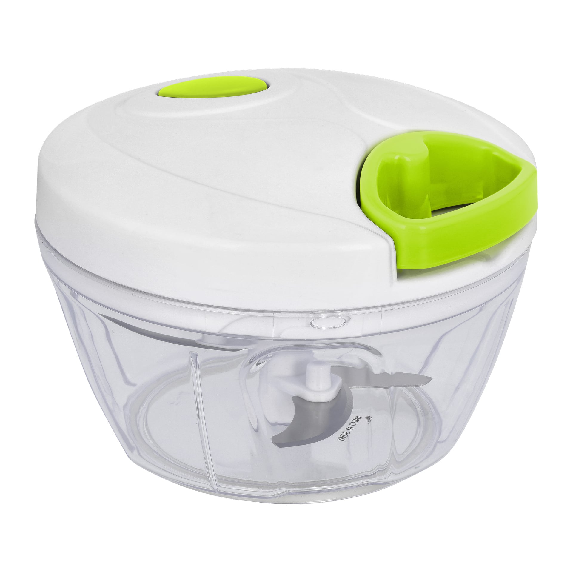 Menuett Vegetable Chopper ma przezroczyste pojemnik, białą pokrywkę z zieloną rączką i zaciskiem oraz stalowe ostrza do siekania.