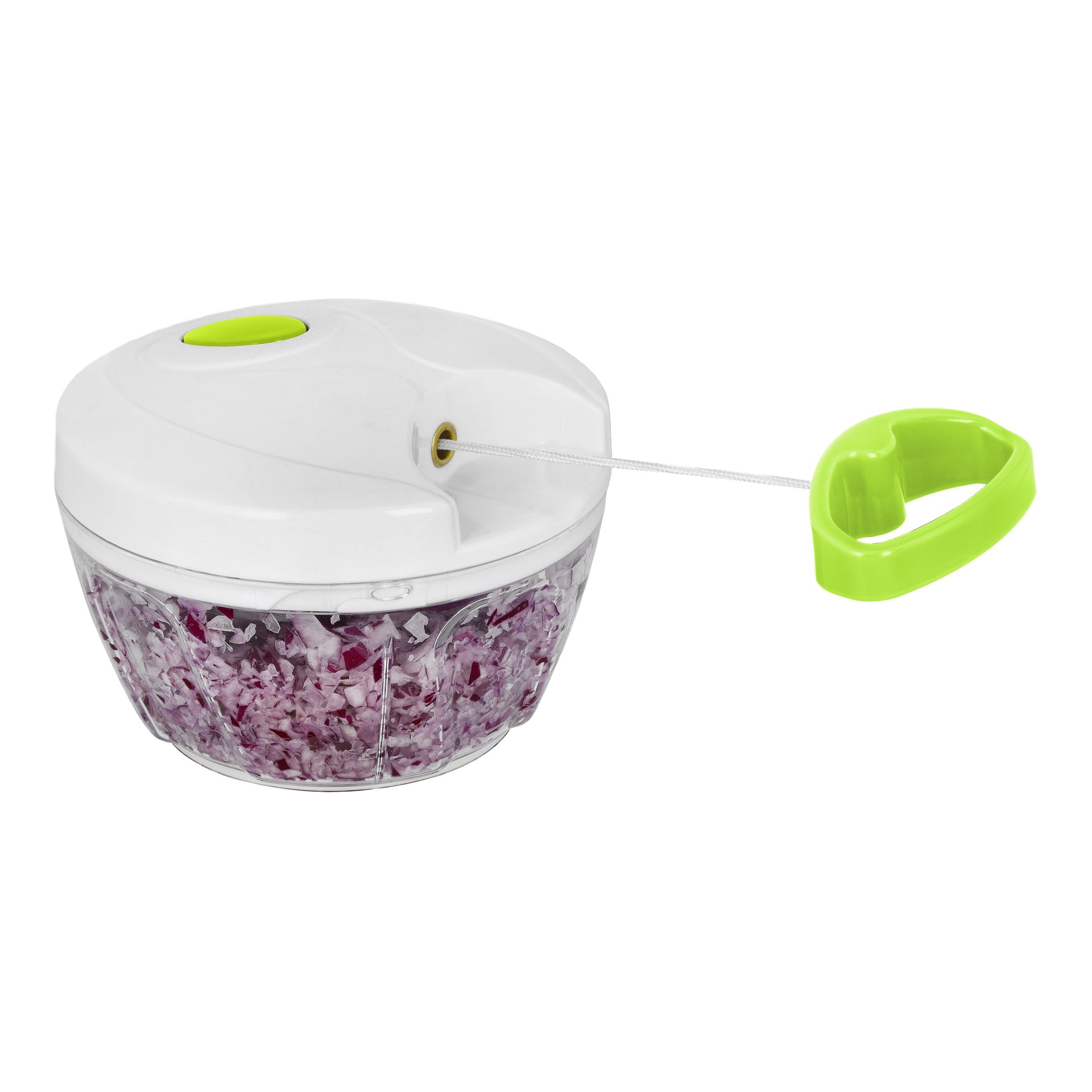 Menuett Vegetable Chopper z funkcją wyciągania, pokazująca przezroczystą miskę posiekanej czerwonej cebuli, białą pokrywkę i zieloną uchwytkę na sznurek.