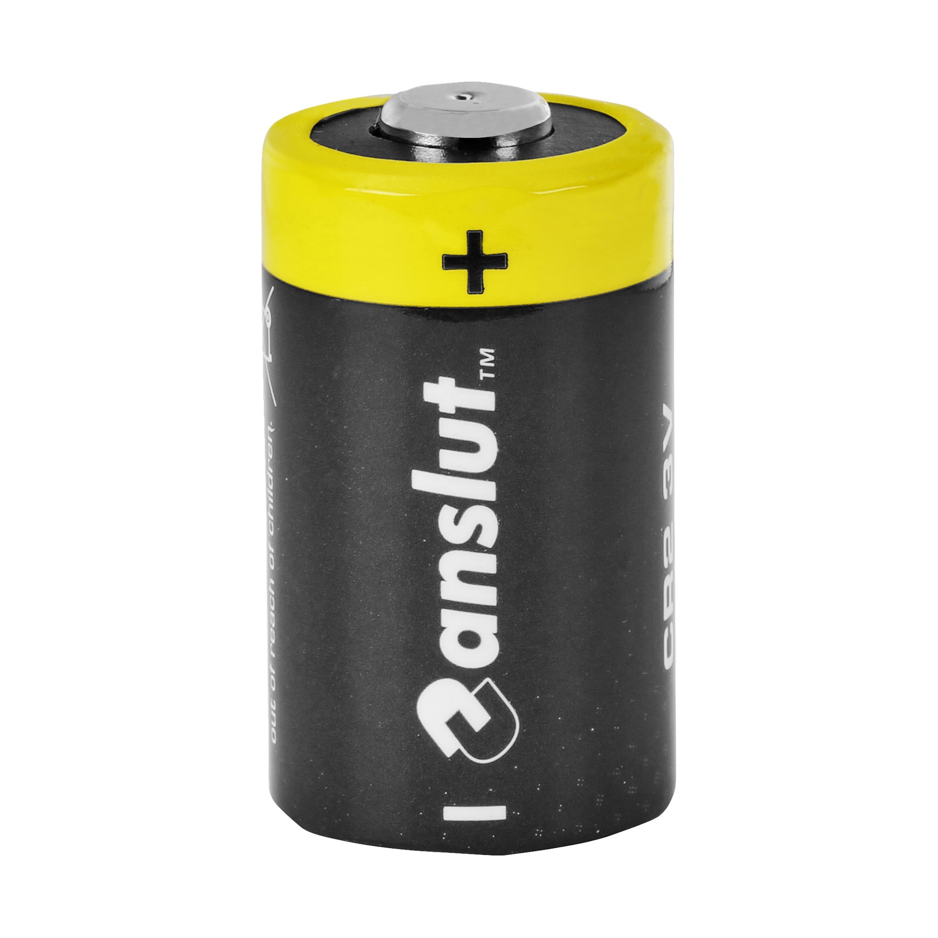 Eine CR2 3V Extreme Power Lithium-Batterie von Anslut, mit schwarzem Gehäuse, gelbem Oberteil und einem vertikalen weißen "Anslut"-Etikett.