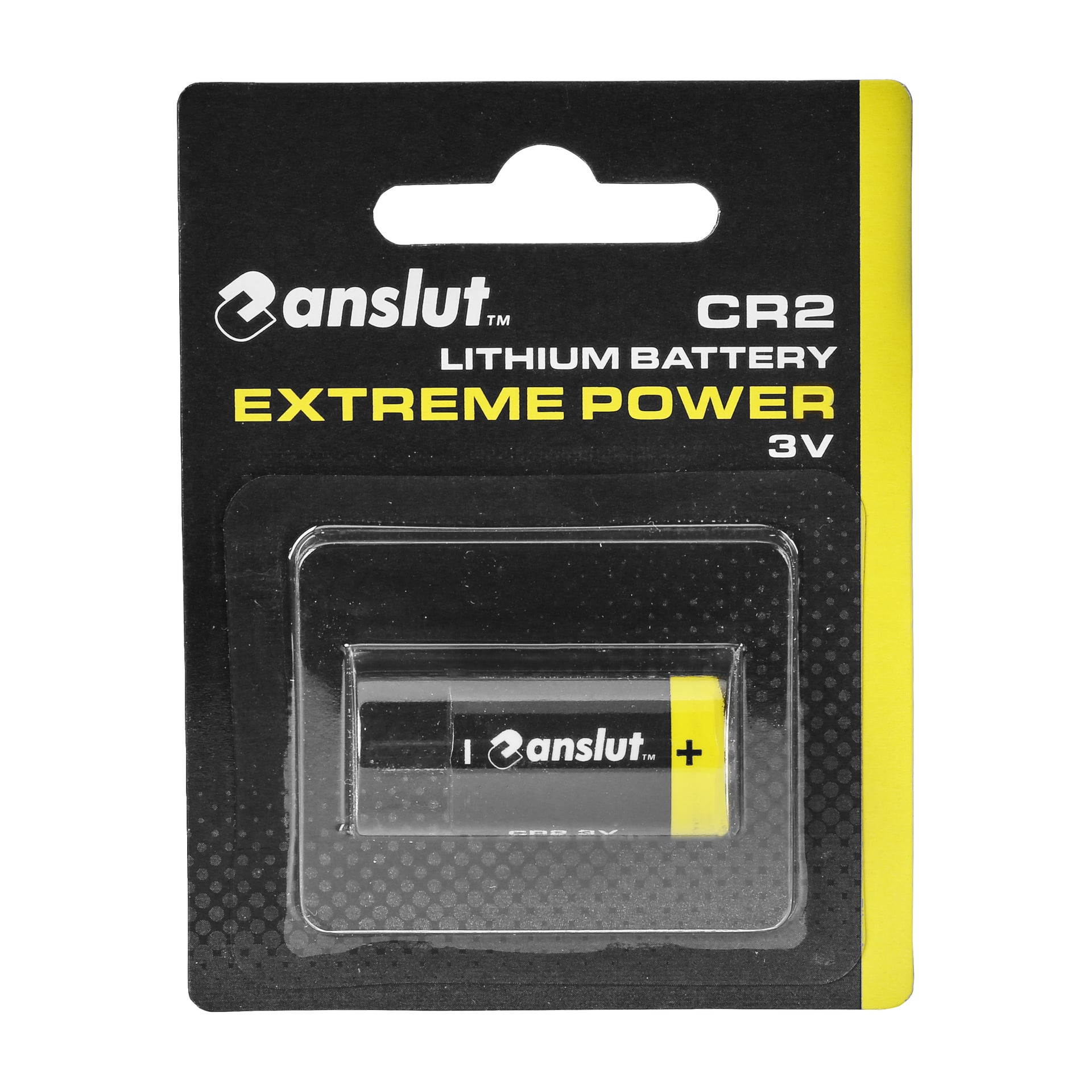 Eine Anslut Lithium Extreme Power (CR2 3V) Batterie in Schwarz und Gelb ist in klarem Kunststoff auf passender Papprückseite zu sehen.