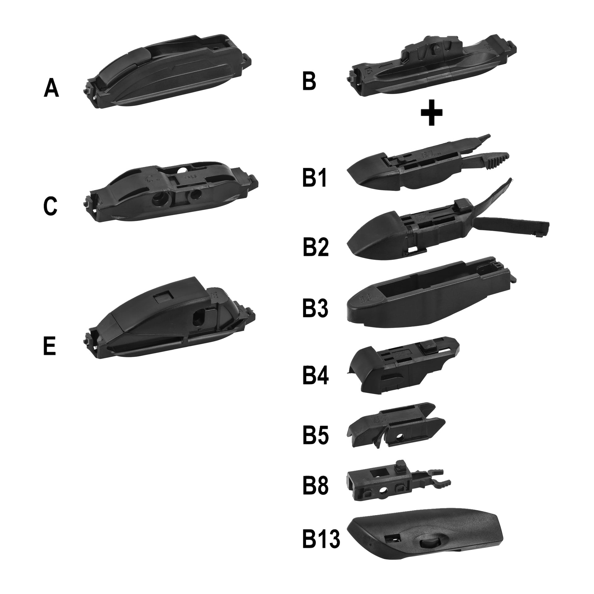 Pięć oznaczonych czarnych elementów wycieraczek Hamron (A, B, C, E); składowa B jest pionowo podzielona na siedem części (B1–B5, B8, B13).