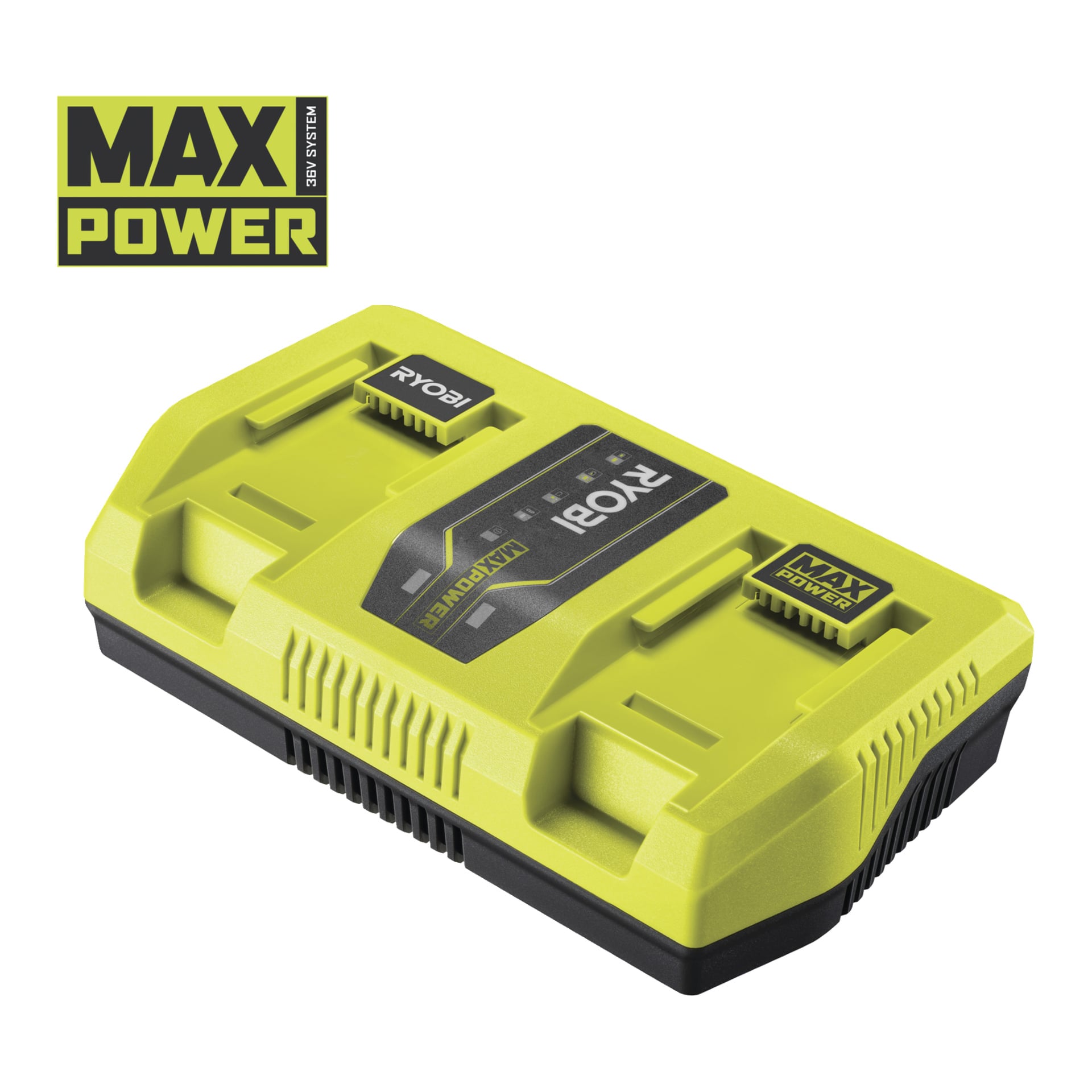 Limgrön Ryobi Max Power Dual Battery Charger RY36C2PA med ventiler och en kantig form, vinklad vy, logga uppe till vänster.