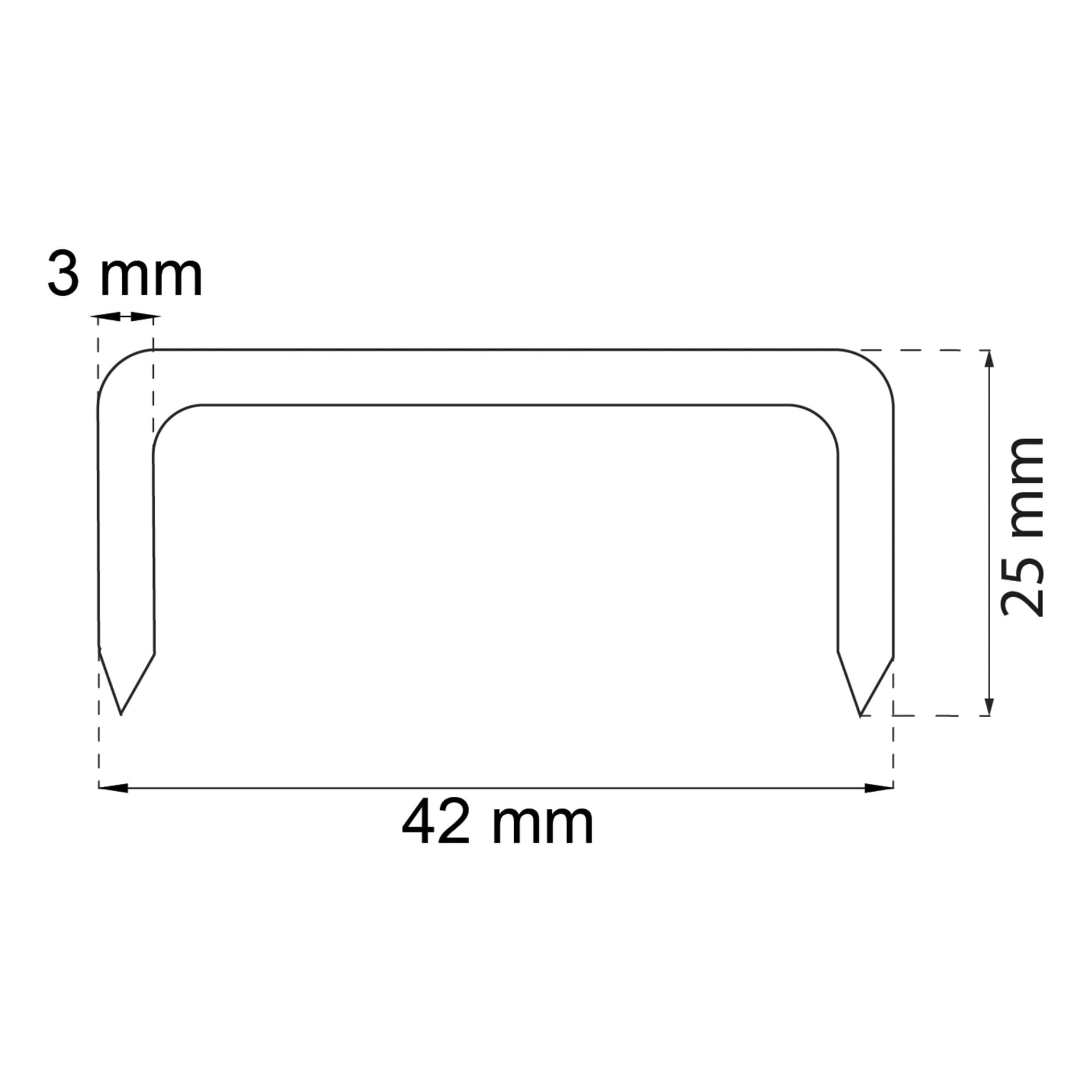 Svartvit linjekonst av en Habo Storm hasp-stapel 23, 10-pack, U-formad med spetsiga ändar; Storlek: 3 mm x 25 mm x 42 mm med streckade linjer.