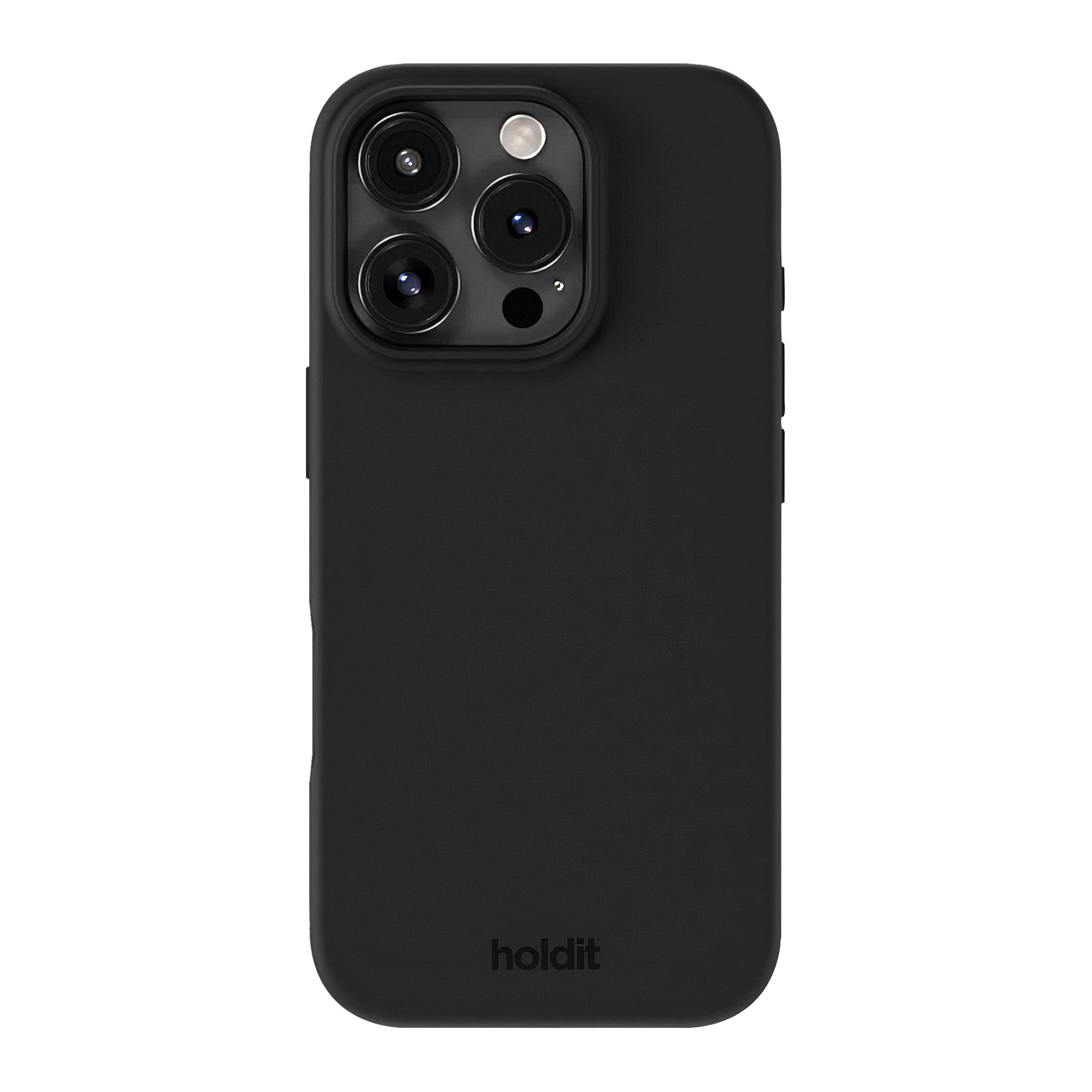 Svart Holdit Mobile-fodral med matt finish på iPhone 16 Pro, med branding längst ner och trippel bakre kameror med blixt.