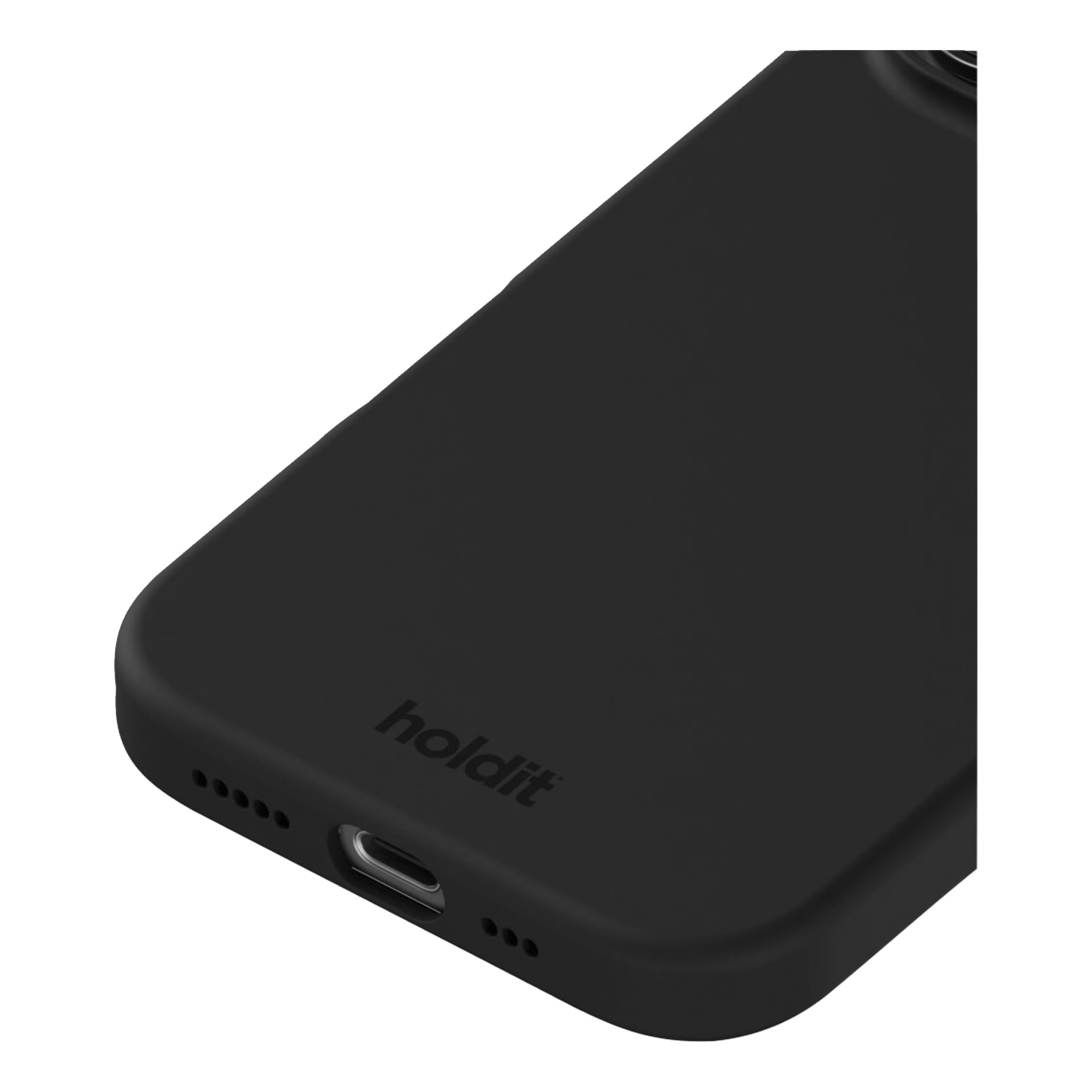 Närbild på det svarta iPhone 16 Pro-fodralet från Holdit, med varumärket nära laddningsportens utskärning och högtalarhål.