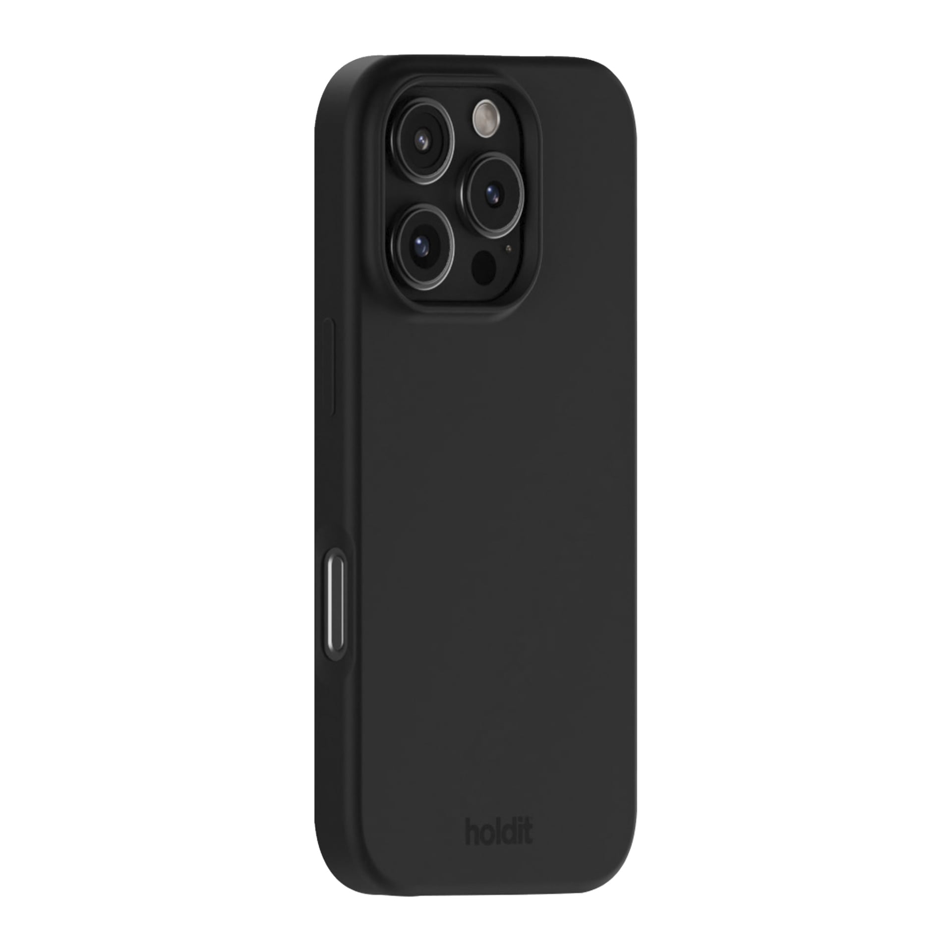 Svart Holdit Mobilfodral för iPhone 16 Pro, med upphöjd kant för tre kameralinser och blixt. Varumärket längst ner.
