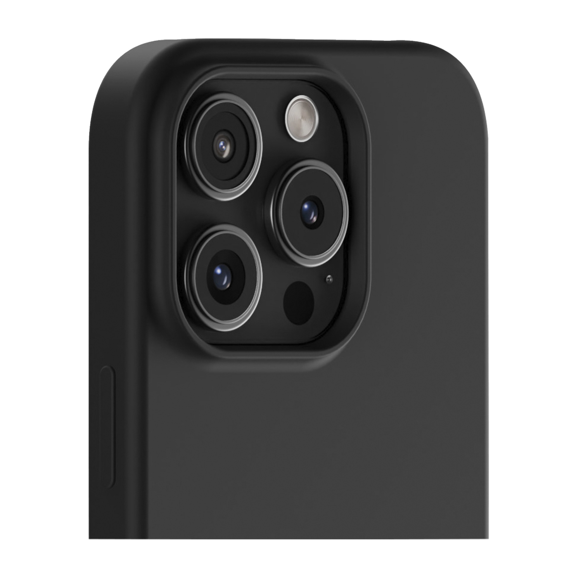 Detaljerad vy av en iPhone 16 Pros bakre kameror i ett svart Holdit-fodral, med tre objektiv, en blixt och en extra sensor.