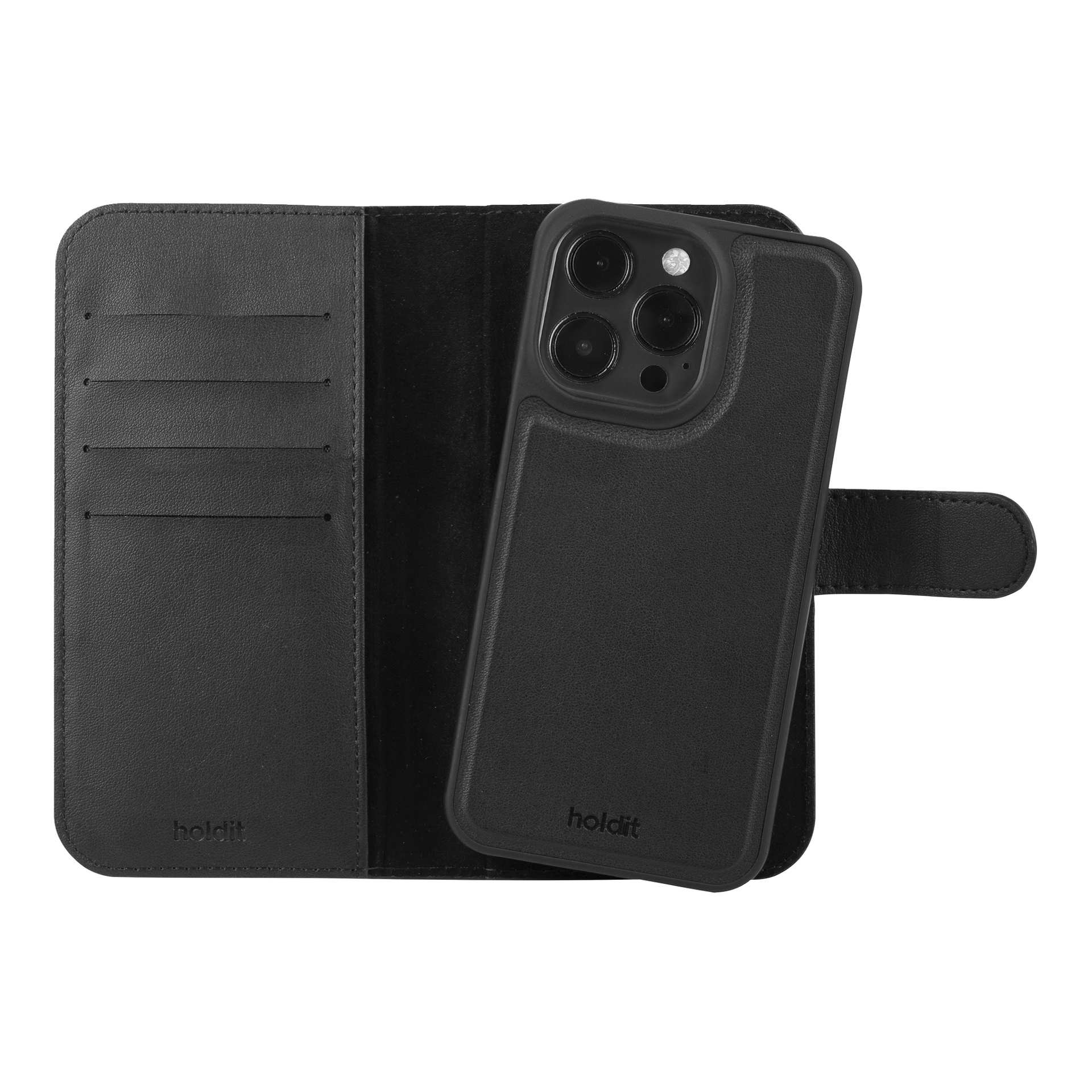 Det svarta Holdit Wallet-fodralet för iPhone 16 Pro Magnetic Plus har tre kortplatser kvar, en avtagbar höger hållare och "Holdit" nedanför.