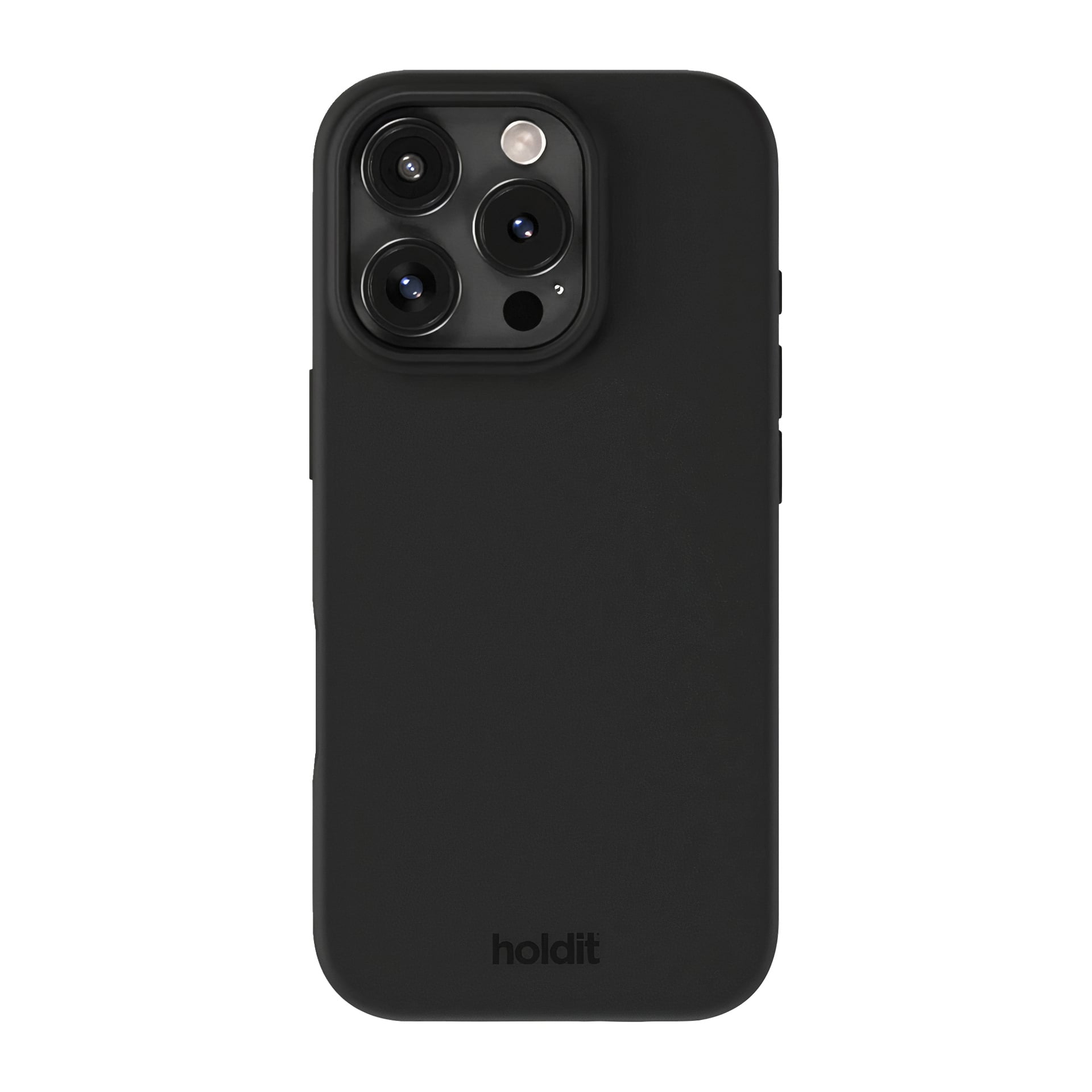 Svart Holdit-telefonskal för iPhone 16 Pro Max, visas bakifrån med kamera- och blixtutskärningar, "holdit" längst ner.