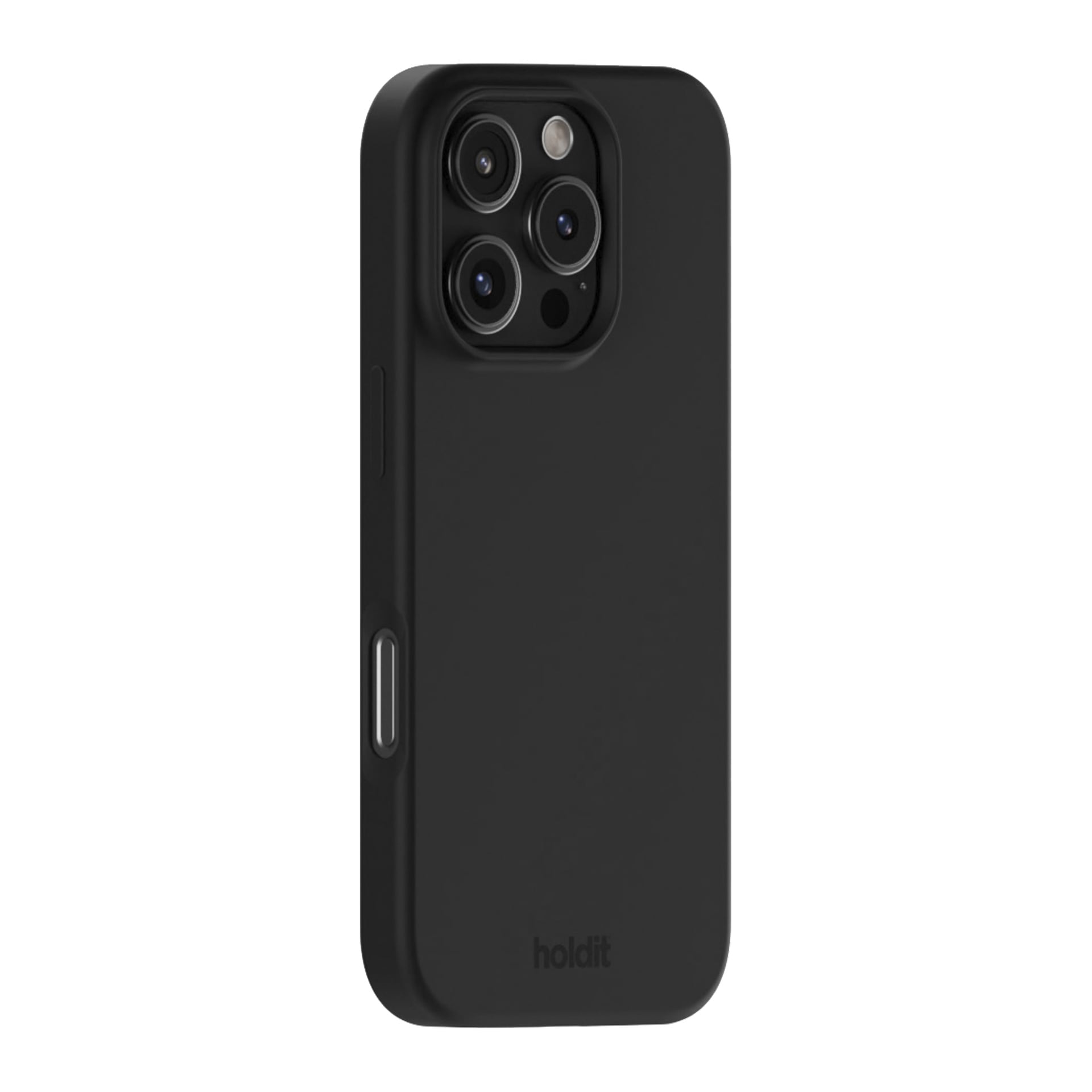 Svart Holdit Mobile-fodral för iPhone 16 Pro Max med sidoknapp, trippel bakre kameror, blixt och Holdit-logga nära botten.