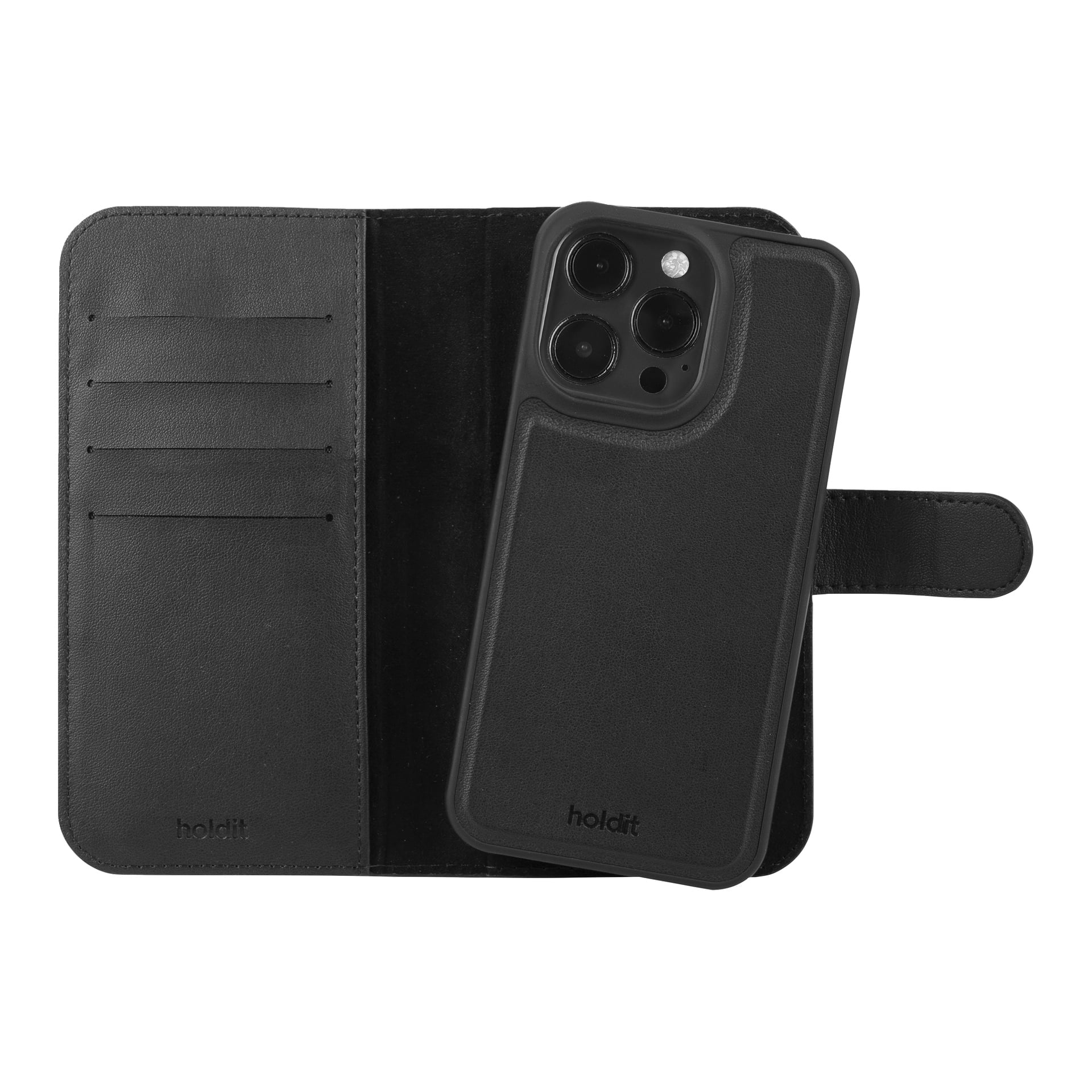 Öppet svart läderfodral för Holdit Wallet för iPhone 16 Pro Max visar tre kortplatser, delvis telefon- och Holdit-logotyper på båda sidor.