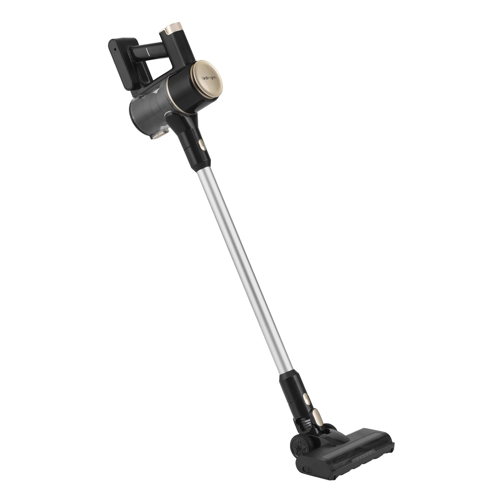 Odkurzacz Bright Upright ma smukłą czarno-srebrną obudowę ciała, długą rurkę, głowicę szczotki, przycisk zasilania i górny pojemnik na kurz.