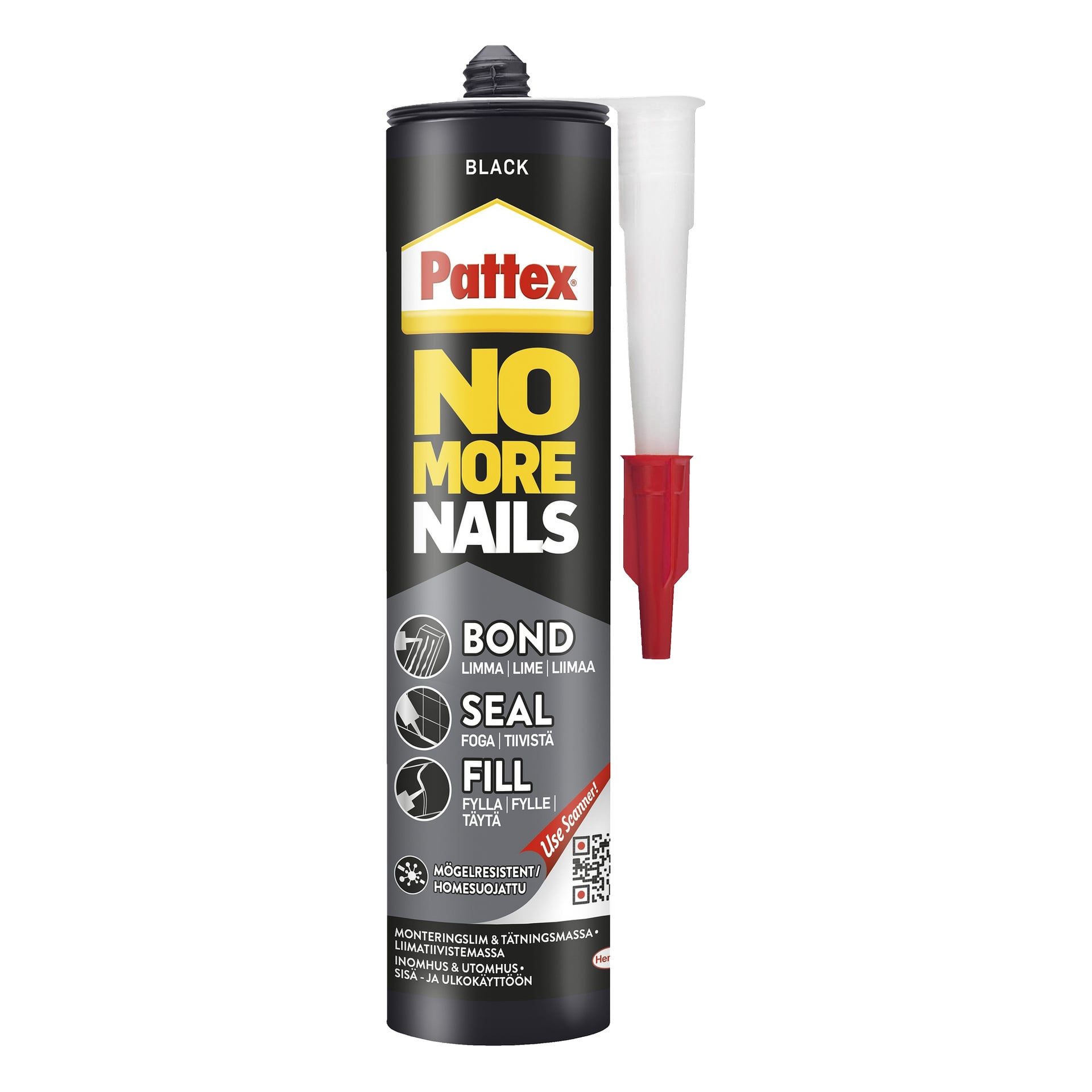 En svart tub Pattex No More Nails Bond-Seal-Fill med ett rött och vitt munstycke och etikett för limning, tätning och fyllning.
