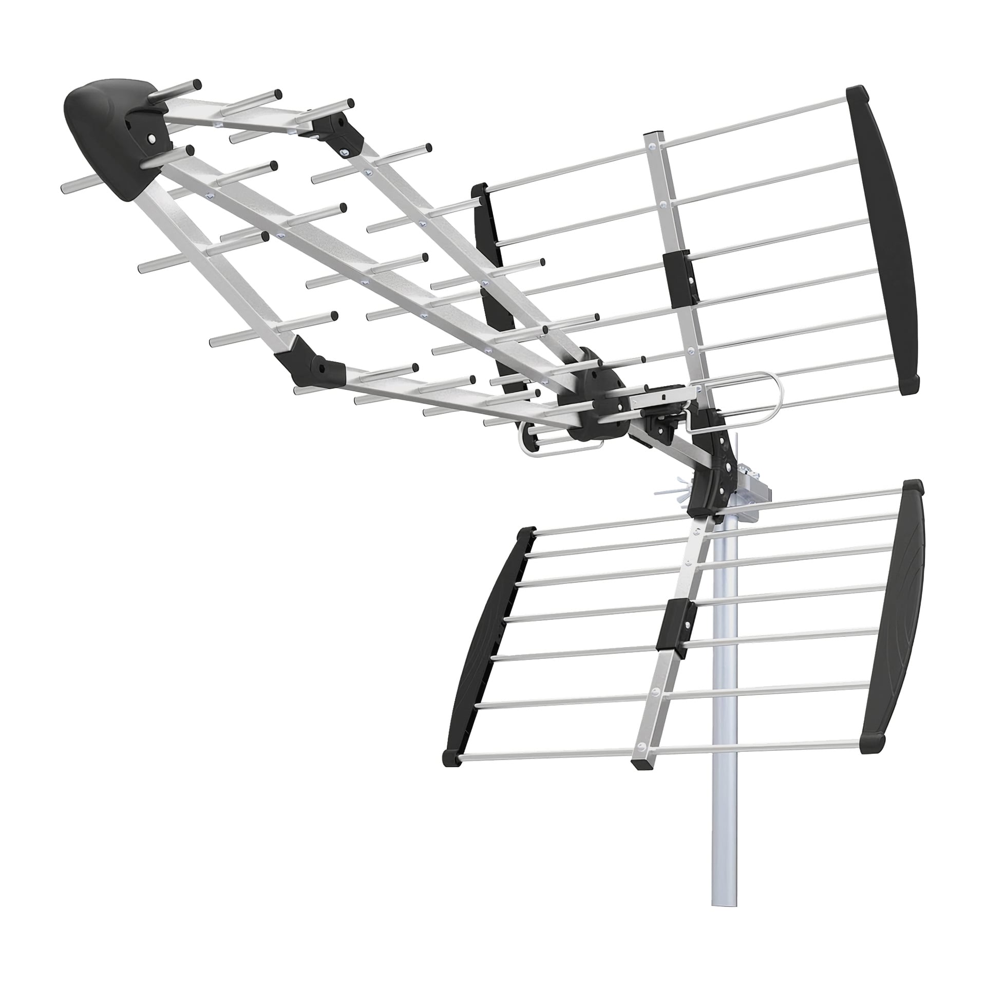 Nedis Digital Outdoor Antenna har flere metallstenger med svarte endekapsler, montert på en stang for TV-signal over luften.