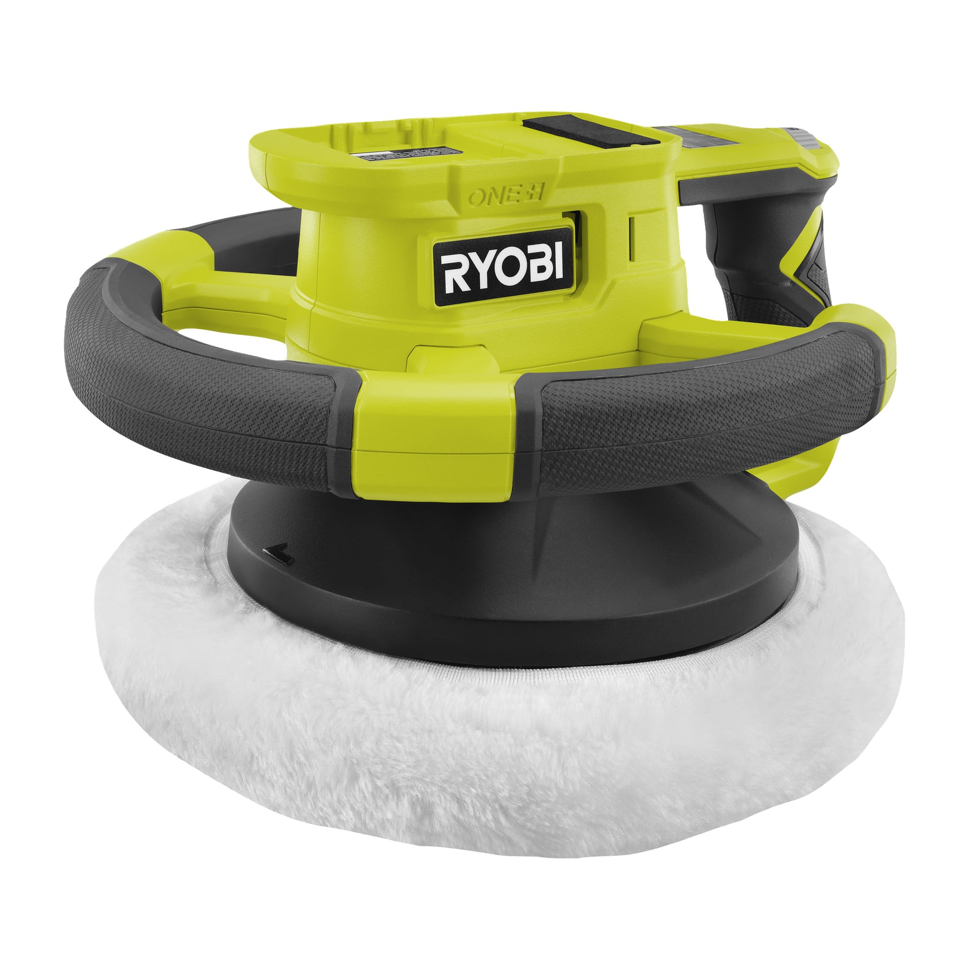 Zbliżenie na żółto-czarną maszynę do polerowania Ryobi One+ Oscillating Polishing Machine RBP18250-0 z miękką białą podkładką do detalizacji powierzchni.