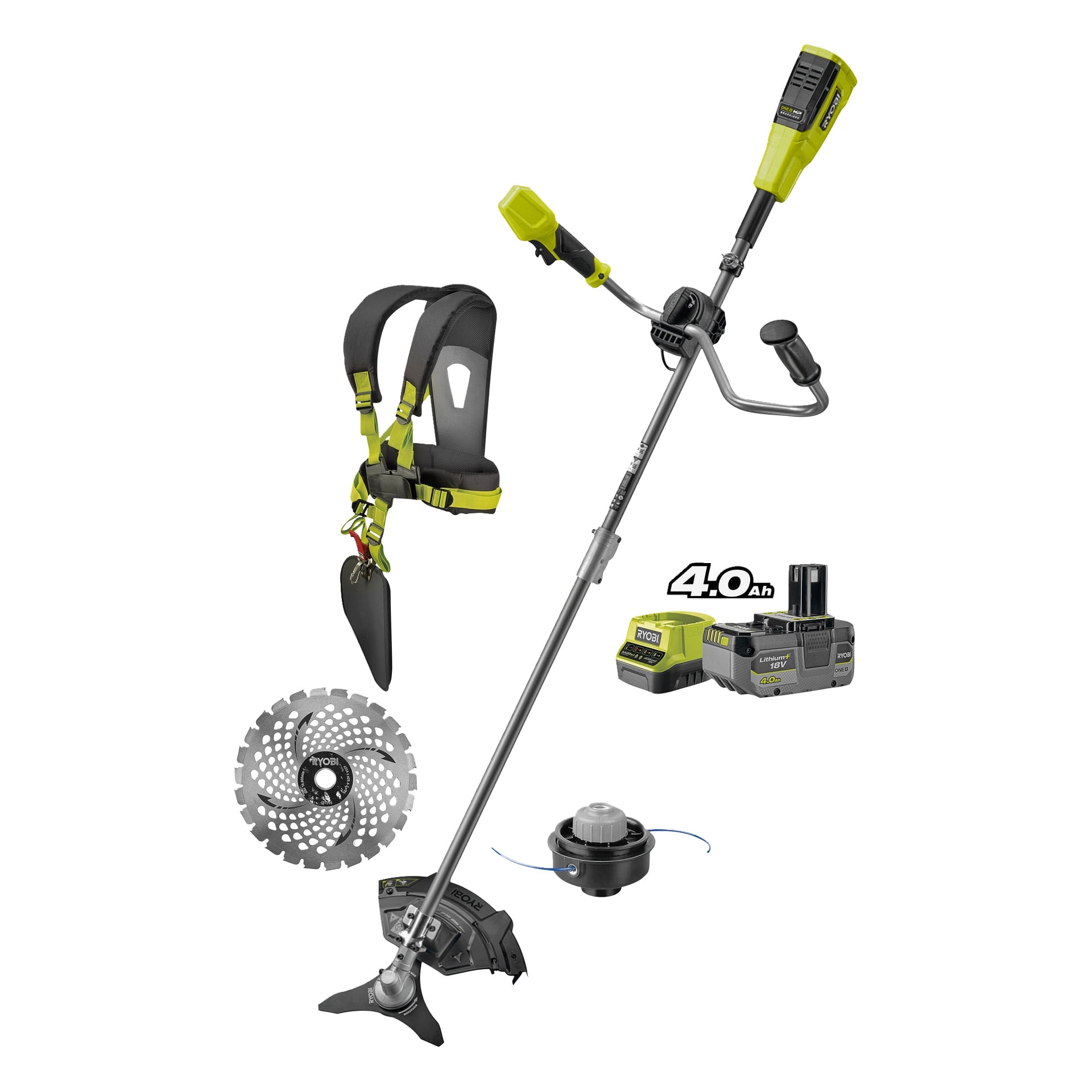 Ryobi One+ HP Brush Cutter-sett har et metallblad, sele, spolehode, 40V 4,0Ah-batteri og lader.